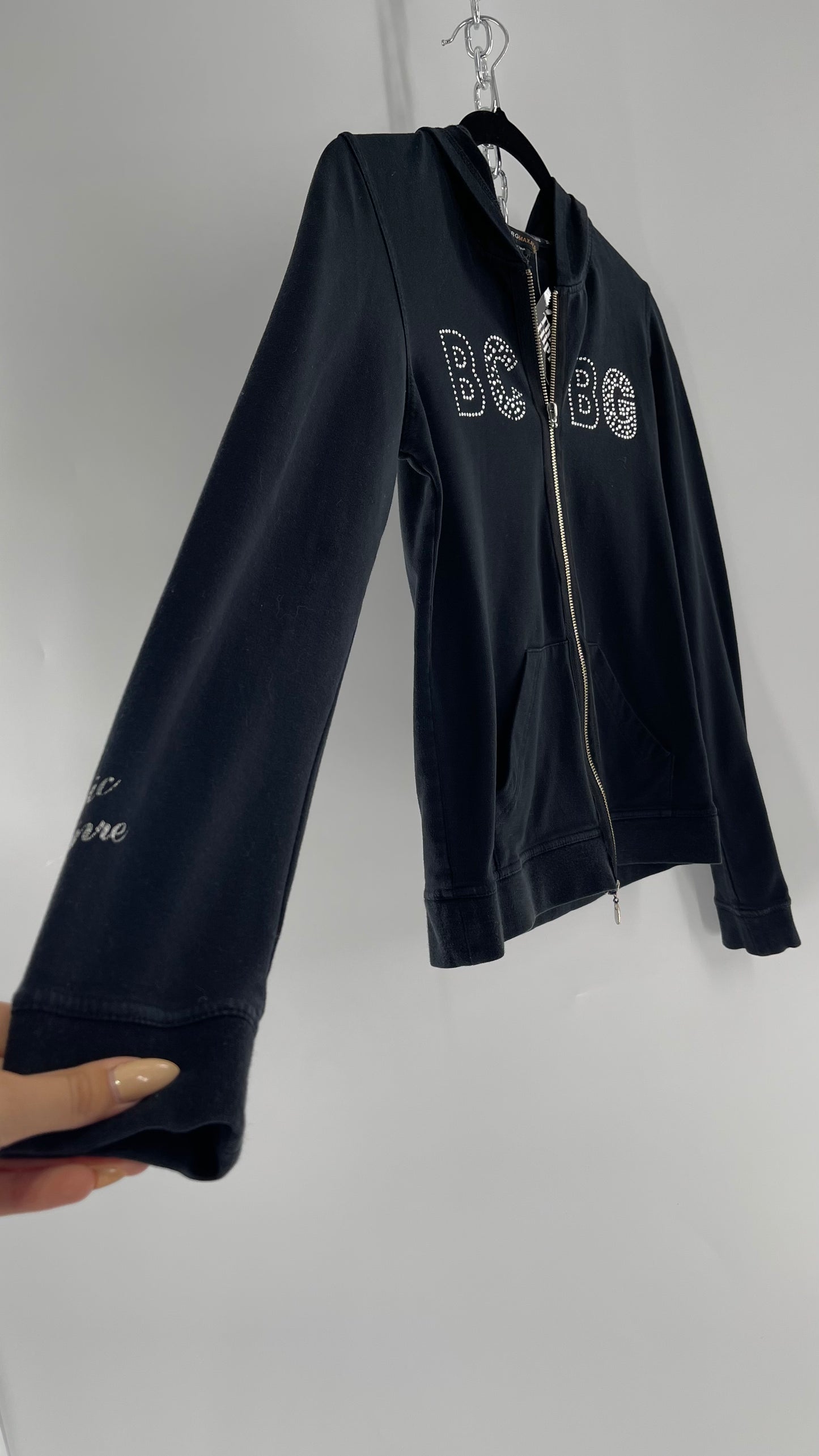 Vintage BCBG Rhinestone Logo Hoodie with Zip Up Studded Hood (Medium)