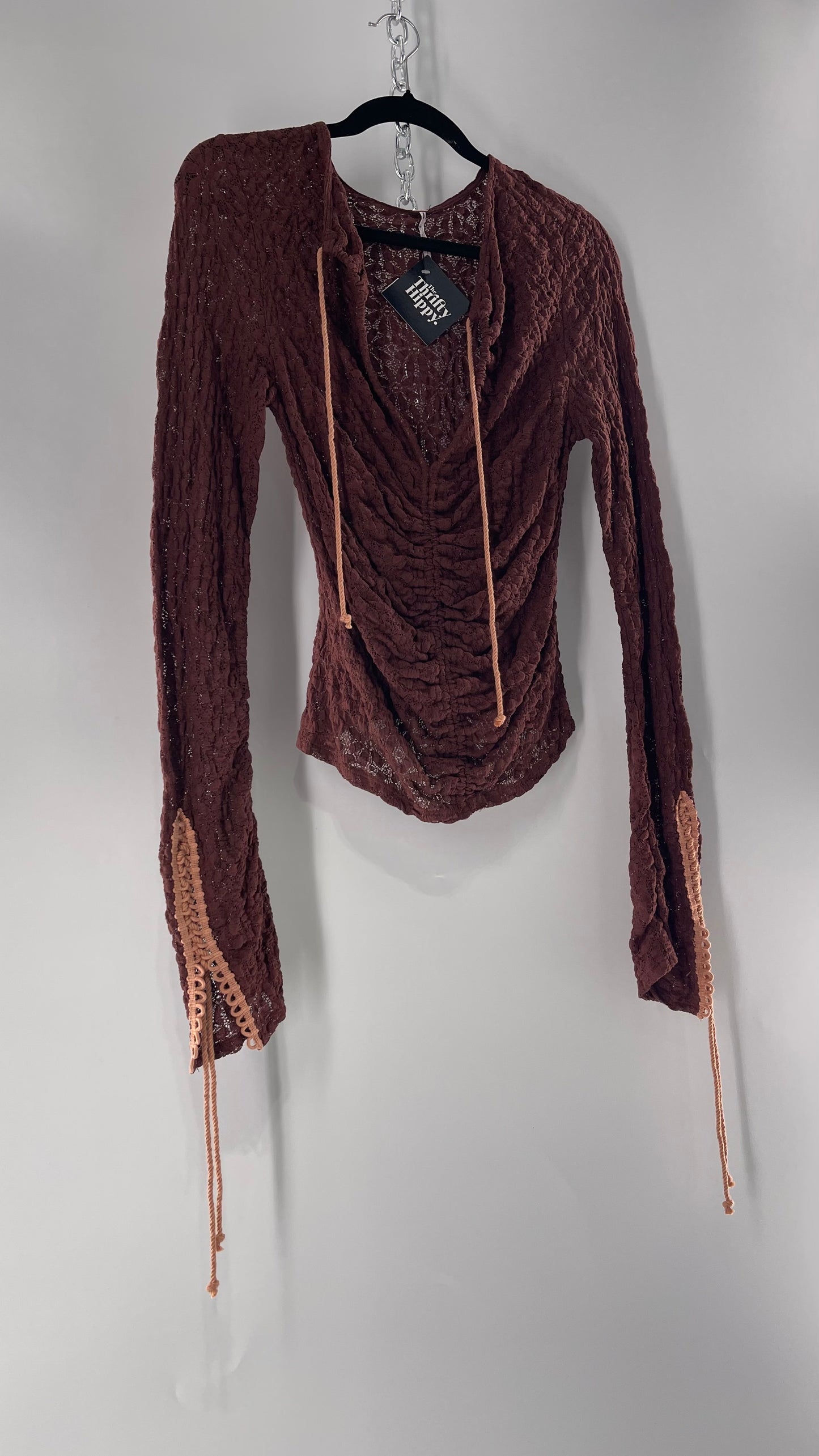 Free People Burgundy Lace Long Sleeve with Pink Lace Up Sleeve Detail (Medium)