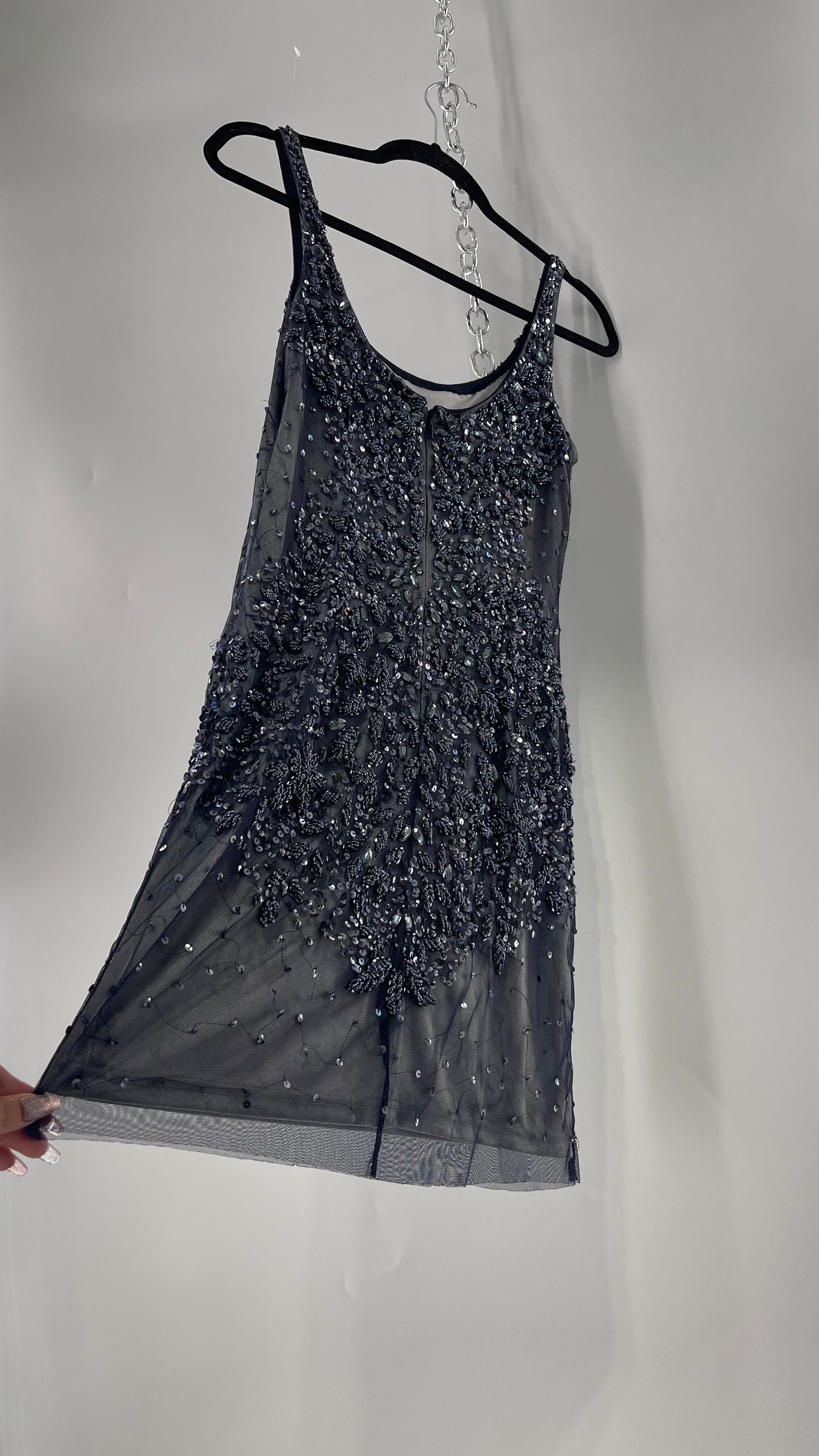 Vintage Cache Moonlight Grey/Navy Blue Tunic Mini Dress with Accentuating Placement of Beads, Sequins and Embroidery Details (2)