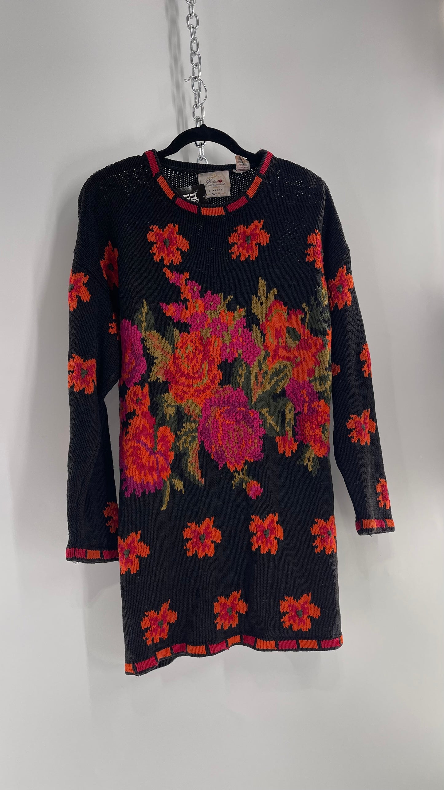 Vintage EXPRESS Black Hand Knit Sweater with Orange and Fuchsia Contrasting Florals (One Size)