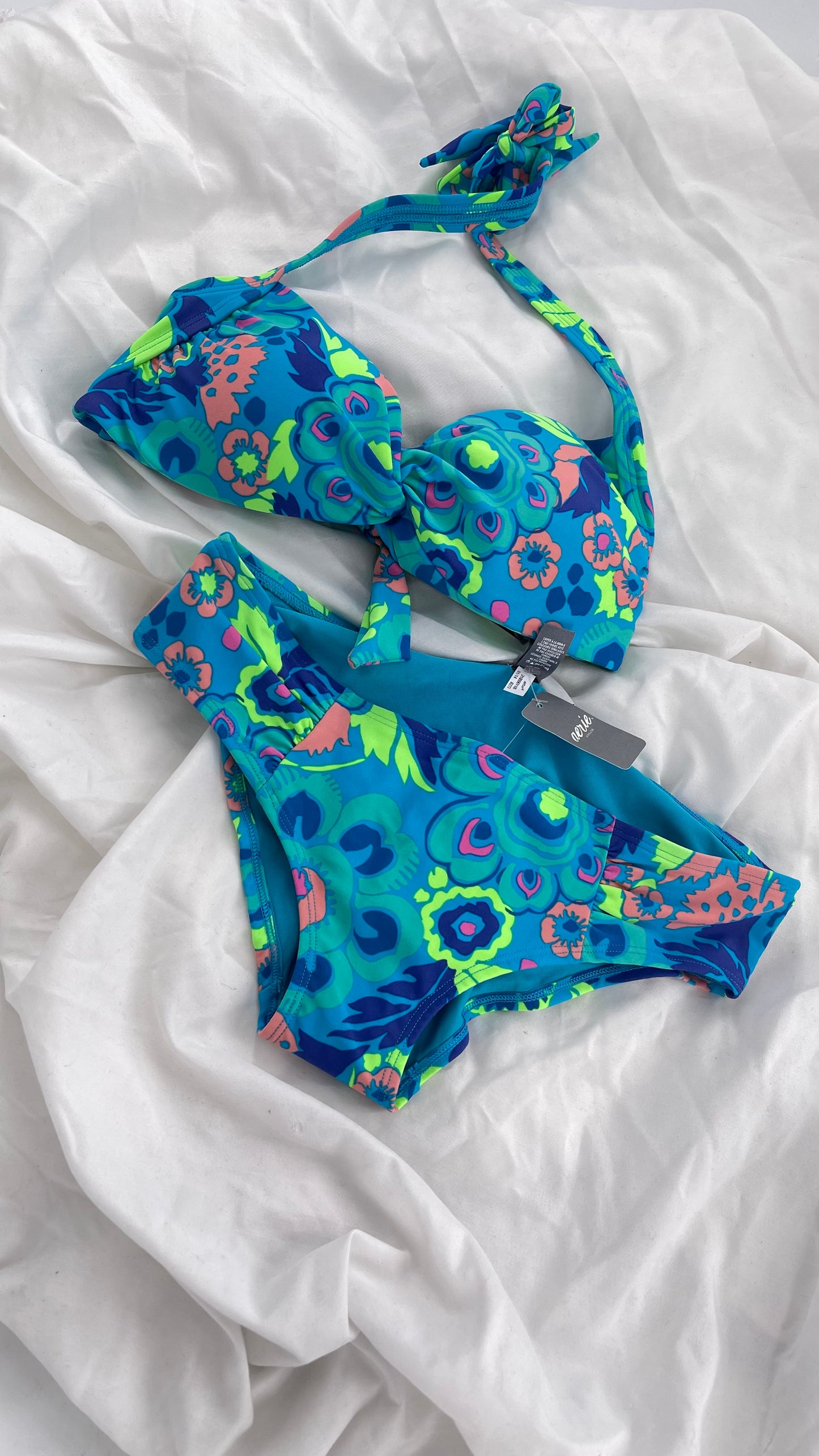 AERIE Blue Paisley Swim Set with Tags Attached (M Top S Bottoms)