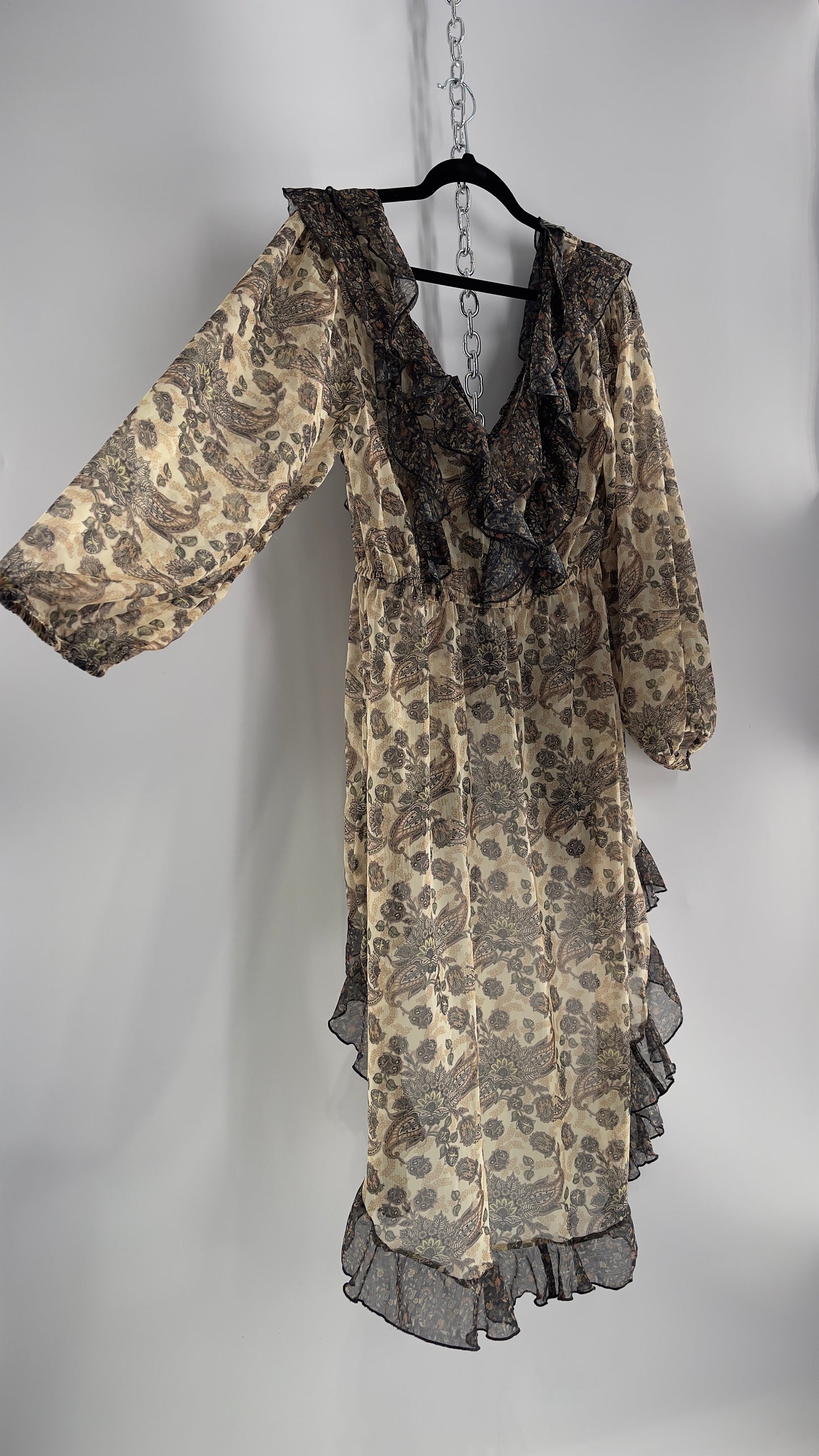 Free People Let Me Be Paisley Dual Toned High Low Sweeping Cape with Ruffled Bust and Hemline with Tags Attached (Small)