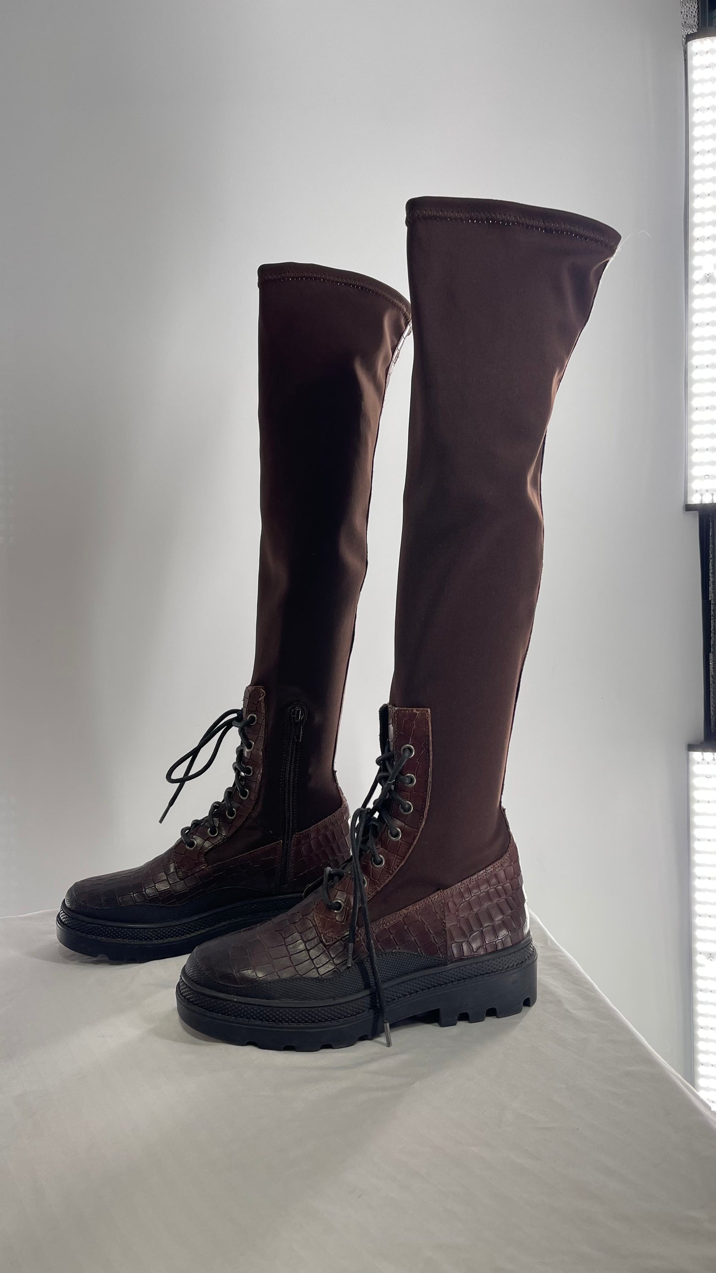Free People Dark Brown Riding Style Embossed Knee High Platform Boots (37)