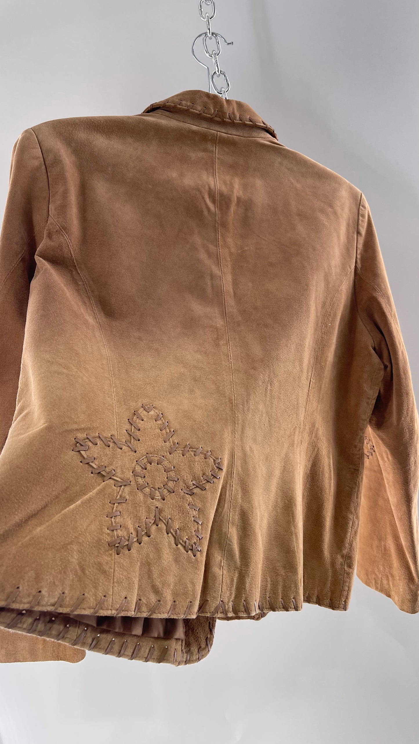 Vintage Rare Light Brown Genuine Suede Blazer with Embroidered Suede Flower and Contrasting Thick Leather Stitching (Medium)