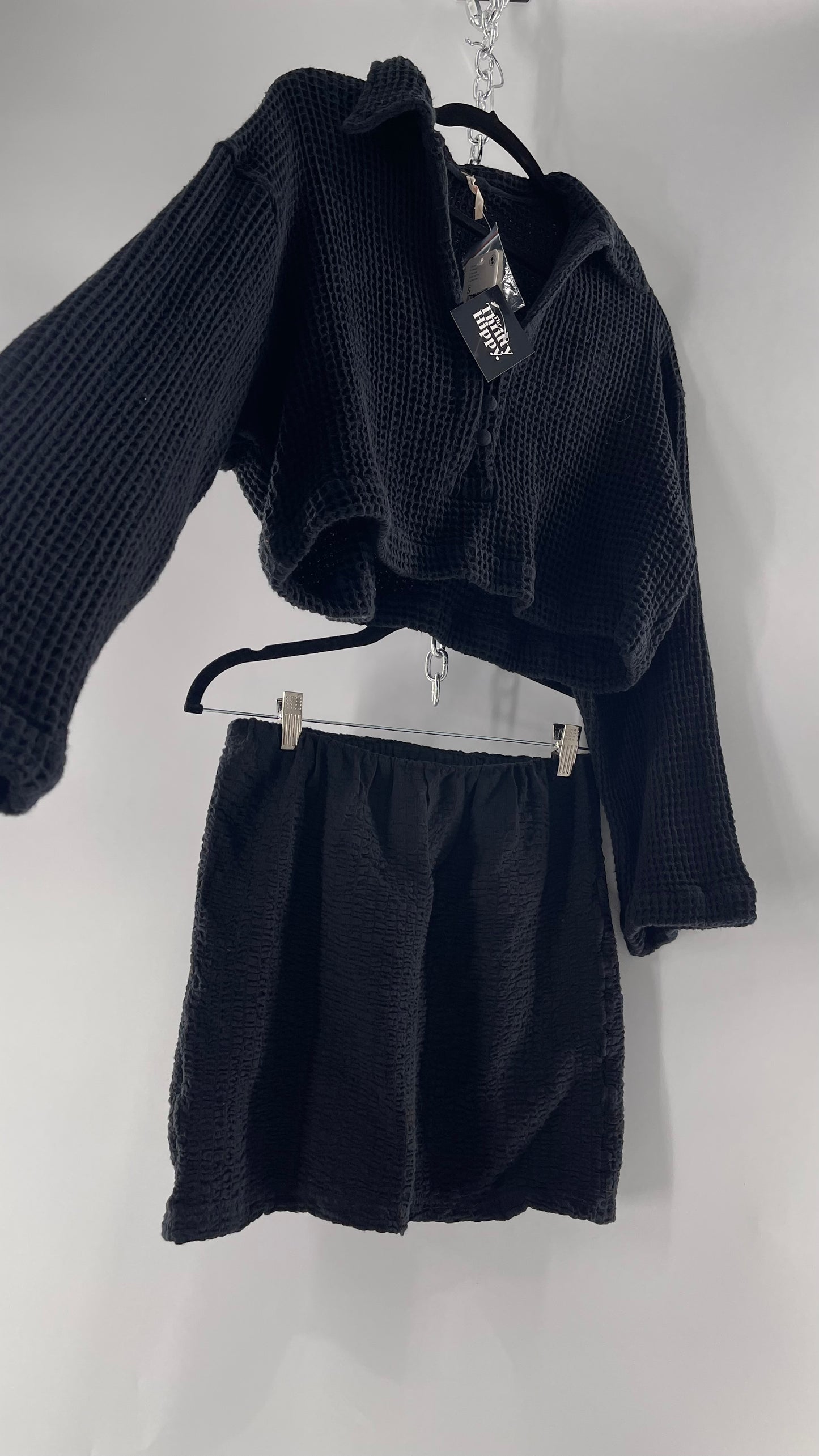 Free People Waffle Knit Black Cropped Button Up and Skirt Set with Tags Attached (Small)
