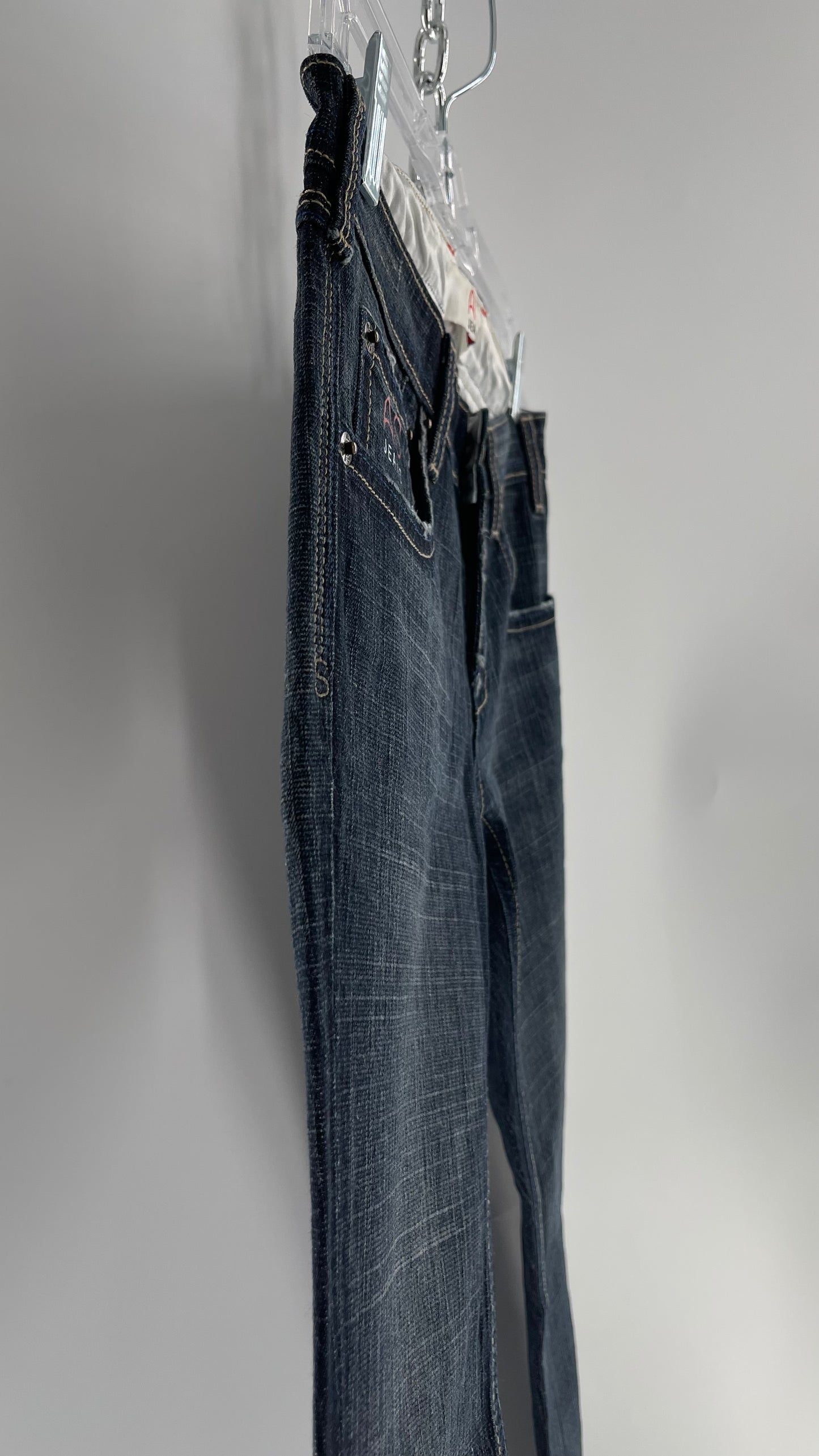 Vintage Smart AS JEANS Dark Wash with Grain and Embroidered/Embellished Kiss Rock Logo (28)