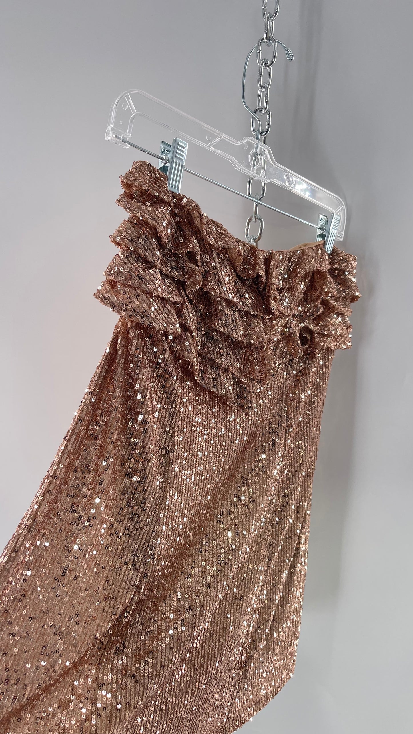 Free People Rose Gold Sequin Mini Dress with Ruffled Bust and Statement Back Zipper (4)