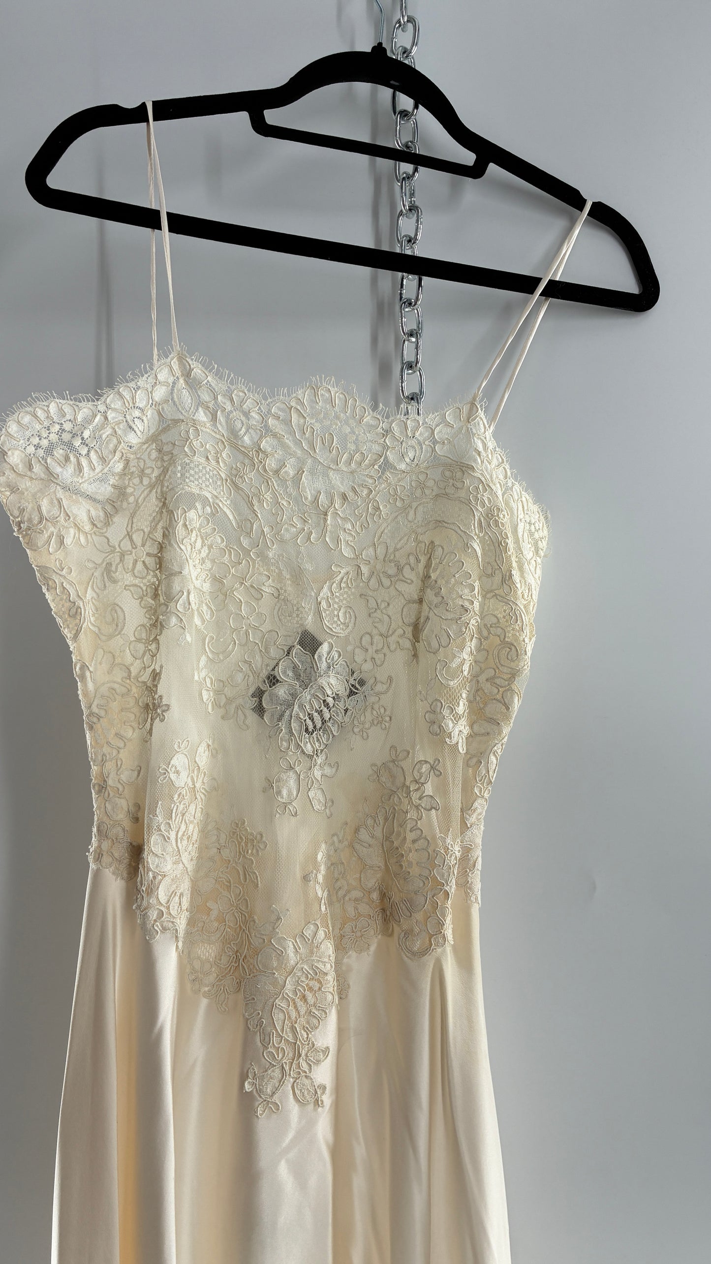 Vintage JONQUIL 100% Silk Gown with Heavy Lace Appliqués and Low Cut Sheer Back (Medium)