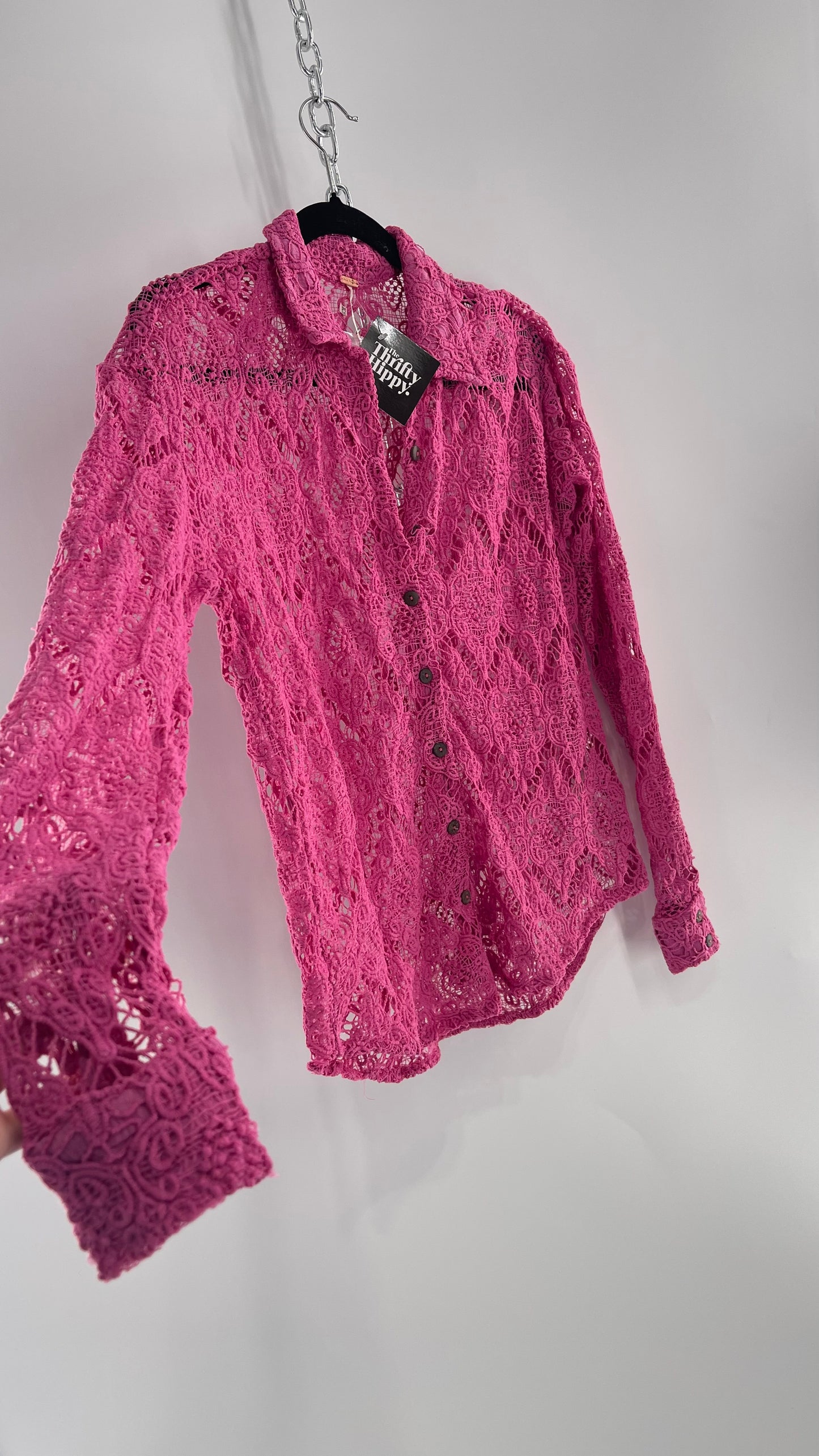 Free People Until Sunday Fuchsia Purple/ Pink Thick Lace Button Front Blouse with Coconut Buttons (XS)