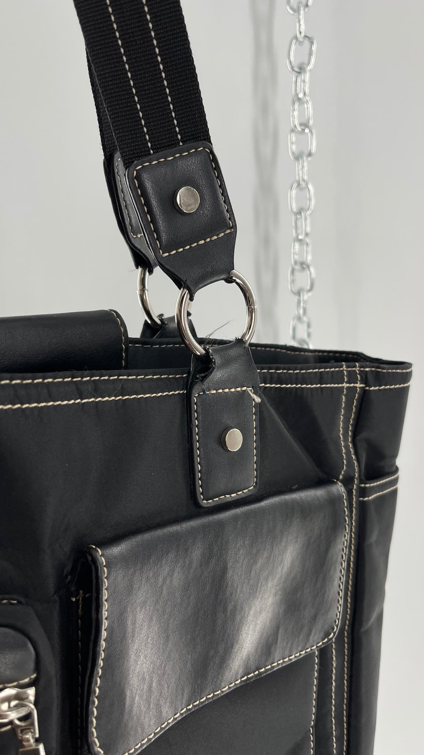 Vintage Oversized Black Exaggerated Pocket Tote Bag with Contrast Stitching