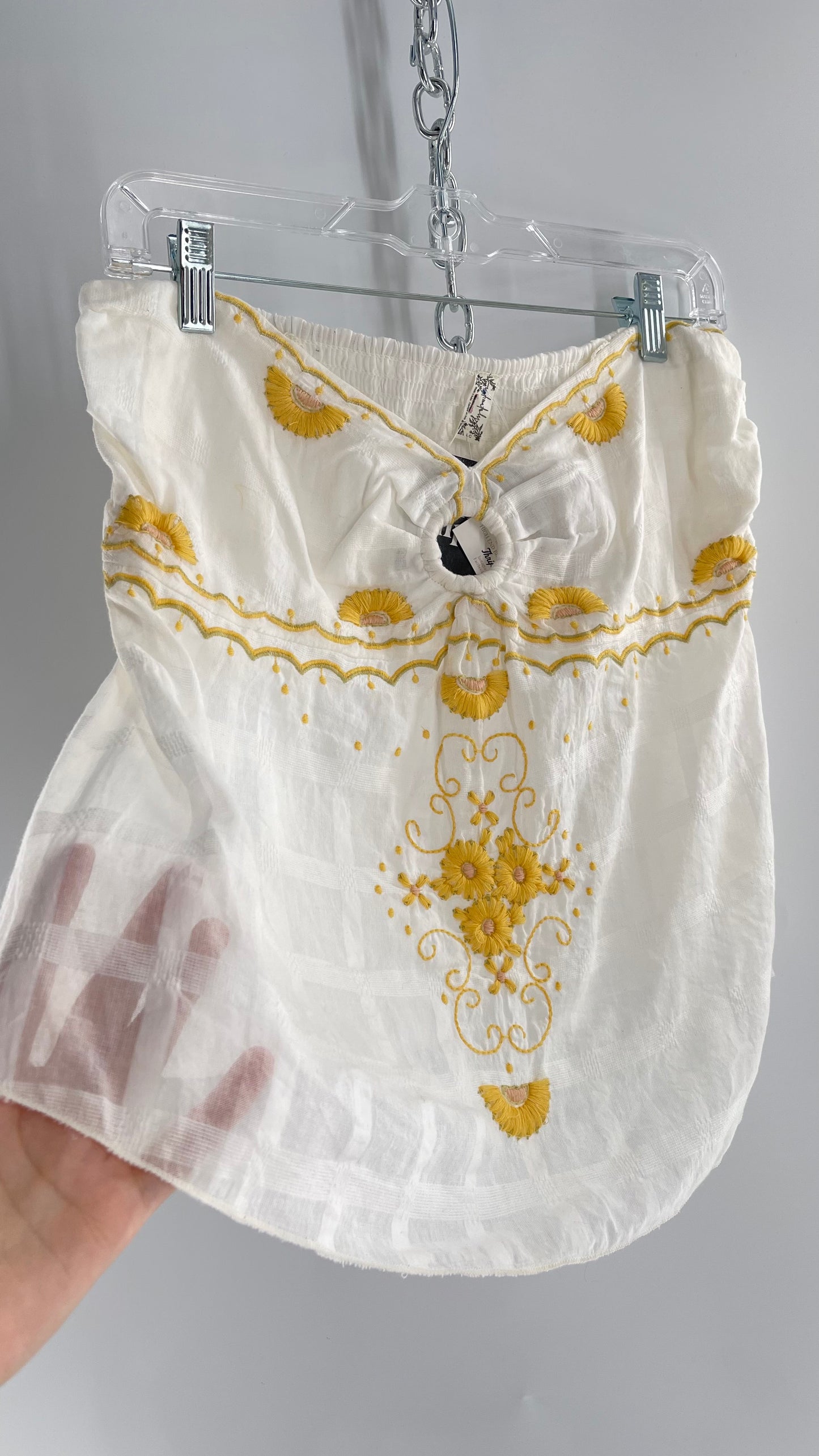 Intimately Free People White Cotton Tube Tank with Yellow Embroidered Detailing (L)