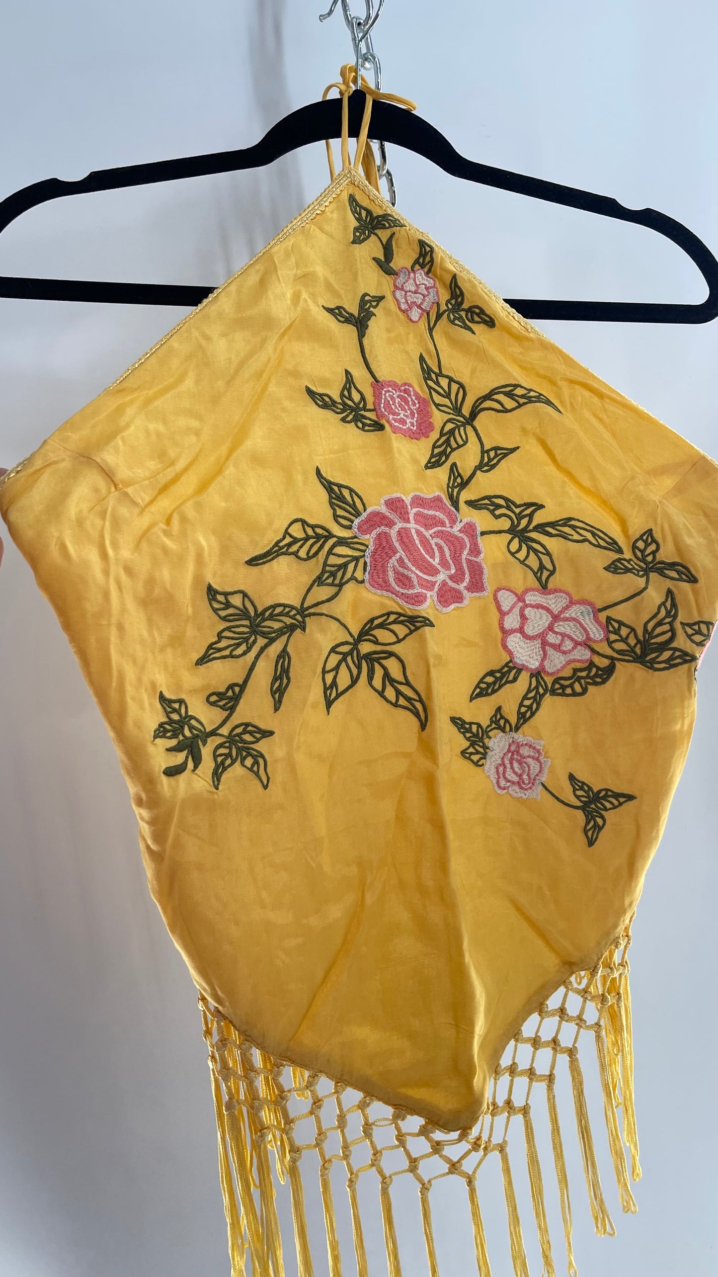 Urban Outfitters Yellow Halter with Embroidered Roses and Fringe Hemline (Medium)