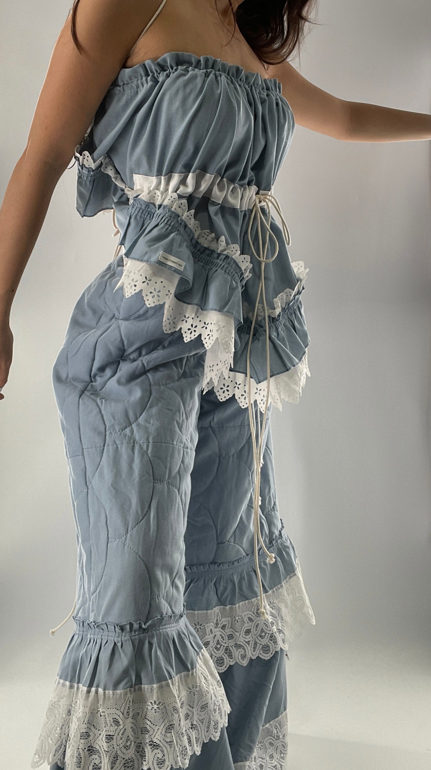 Vintage 2 Piece Powder Blue Set Featuring 2Way Blouse and Quilted Trousers Covered in Ruffles, Lace and Trim (One Size)