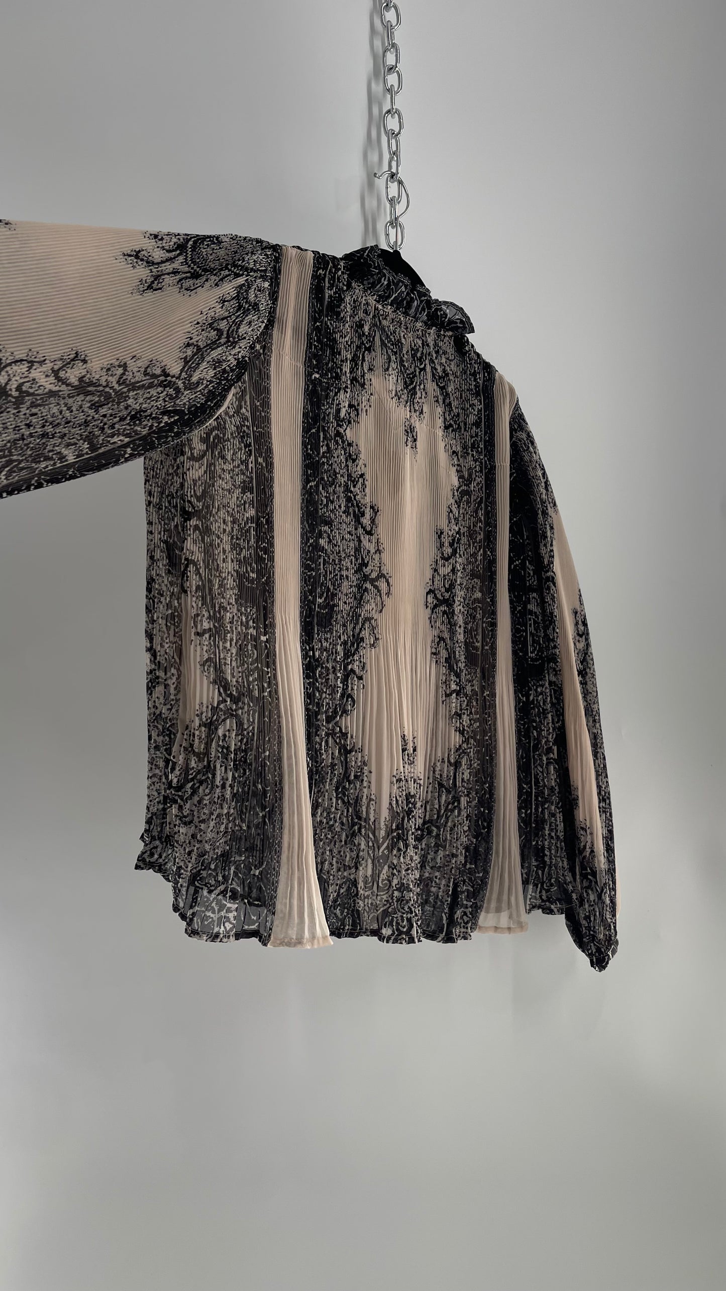 Forever that Girl Brocade Black and Dusk Pleated/Fluted Blouse with Tags Attached (Medium)