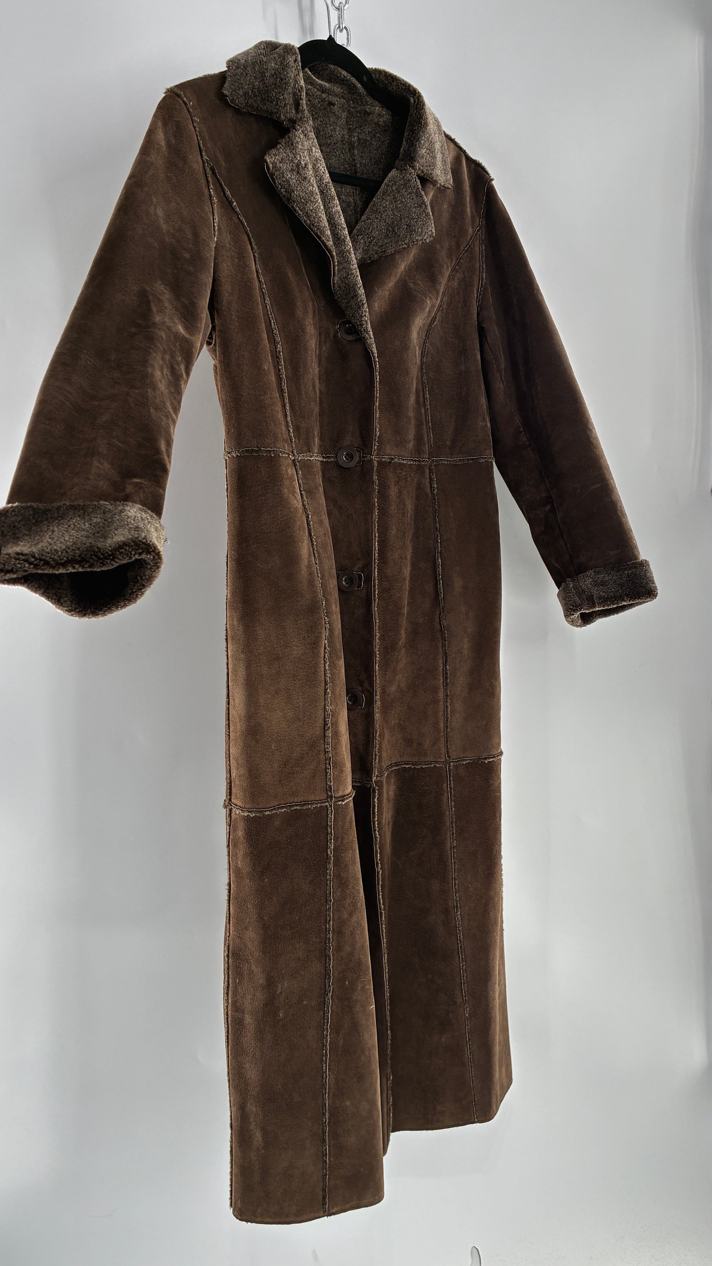Vintage WINLIT Brown Full Length Paneled Suede Leather Coat (Small)