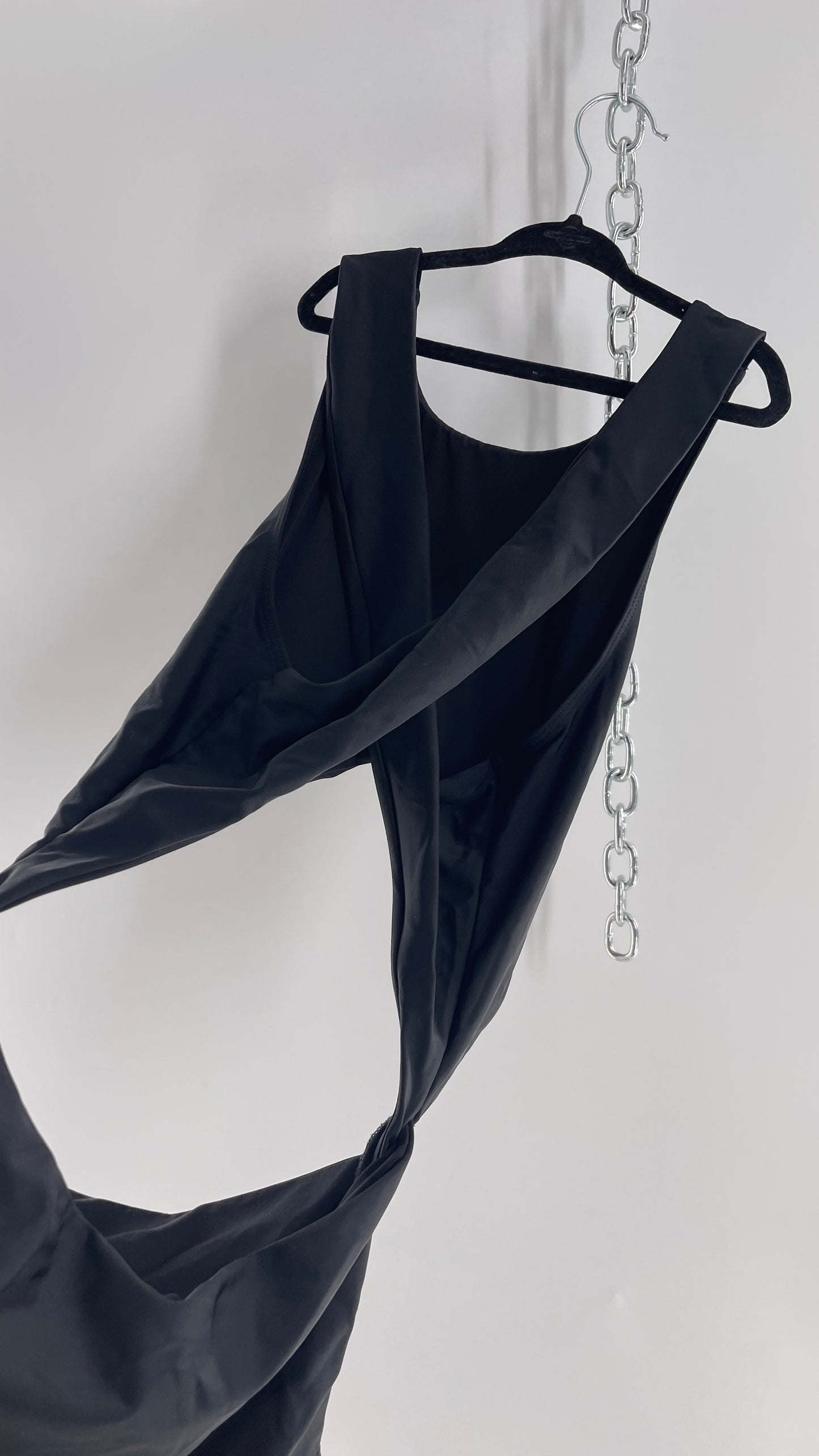 Lolli Swim Black Swimsuit with High Neck, Cross Over Back and Cut Outs (Medium)