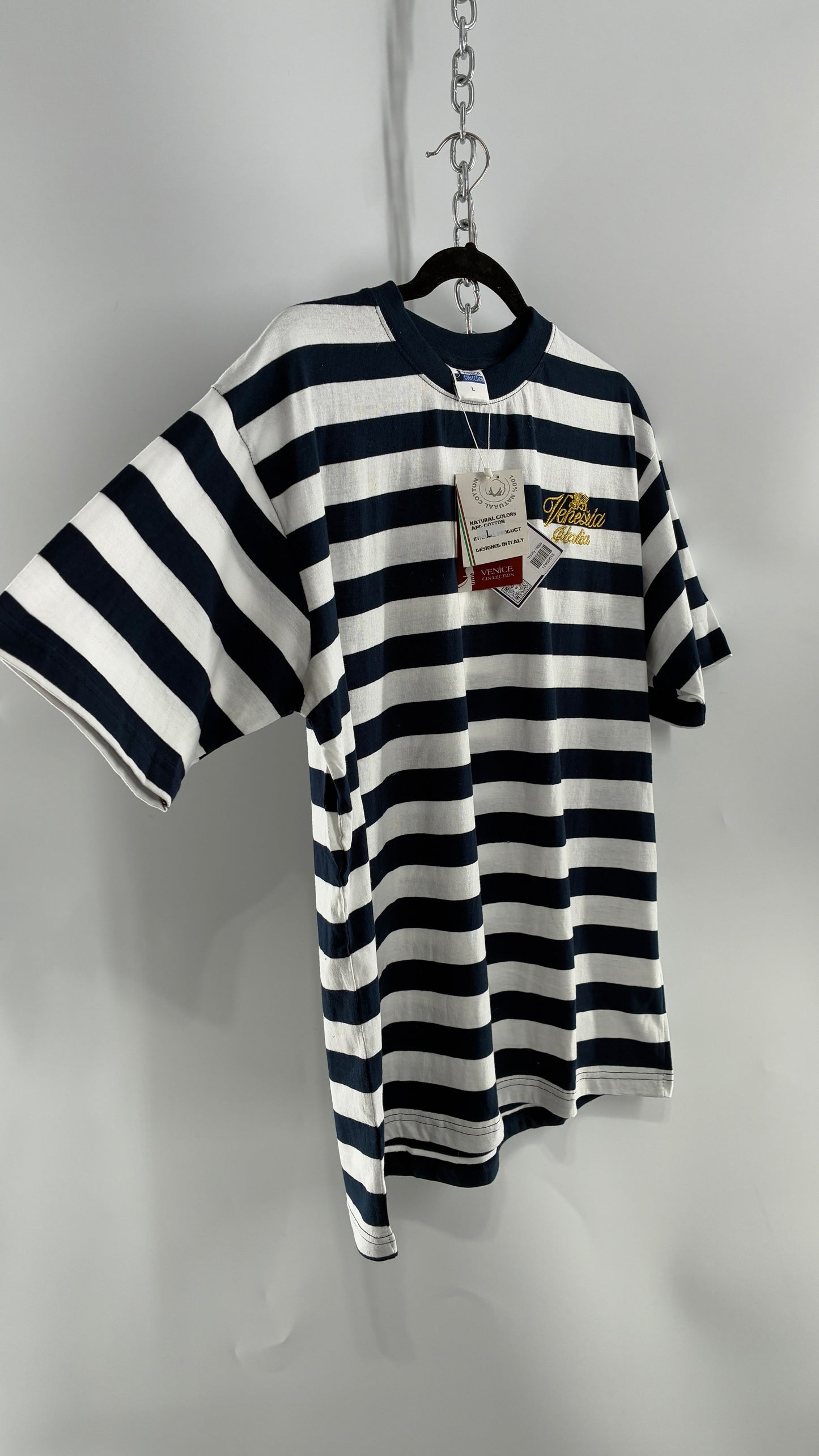 Vintage VENEZIA Striped Navy Short Sleeve with Gold Embroidery Designed in Italy (Large)