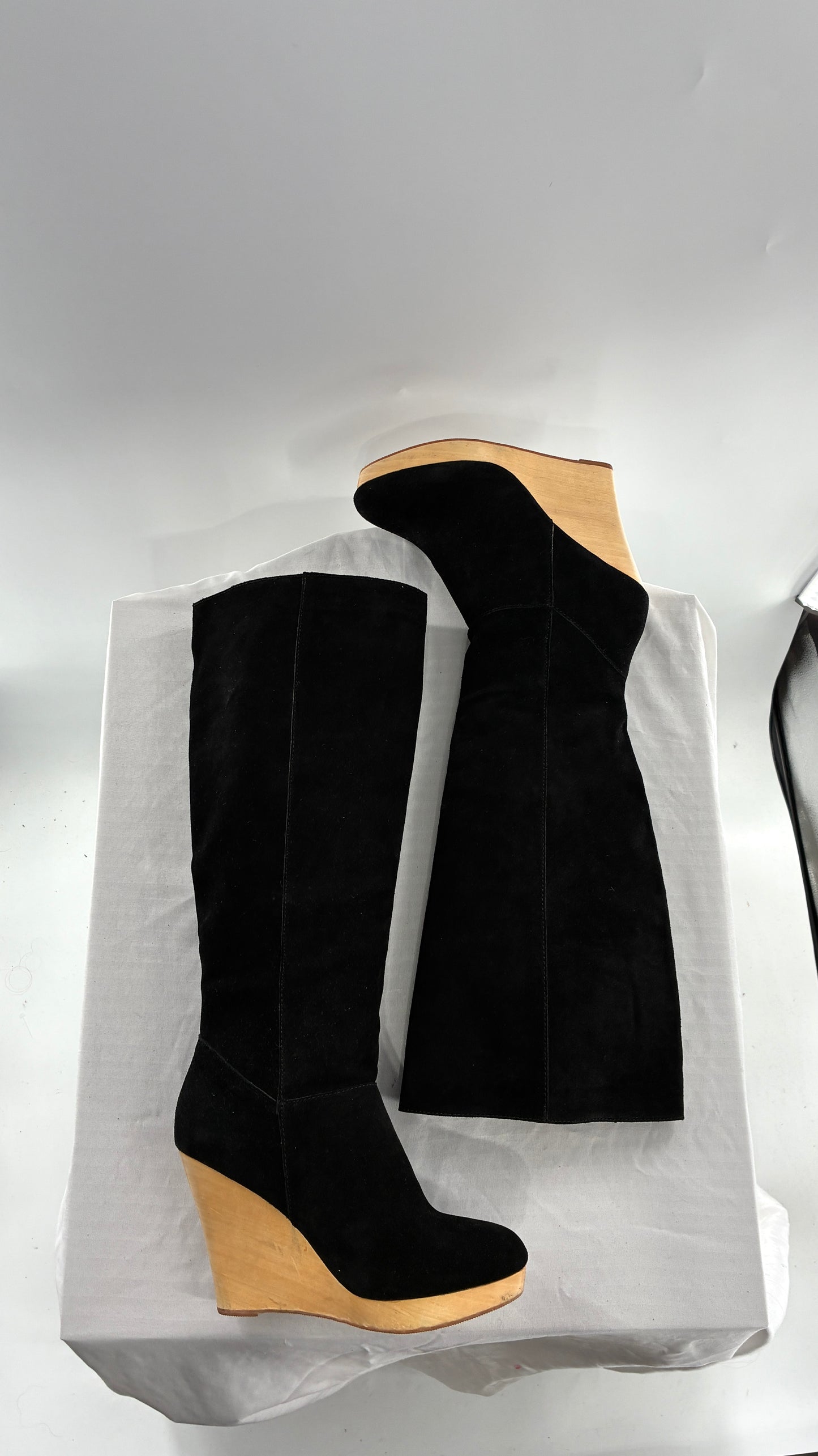 Vintage Black Genuine Suede Leather Knee High Boots with Skinny Wooden Wedge Heel (9)