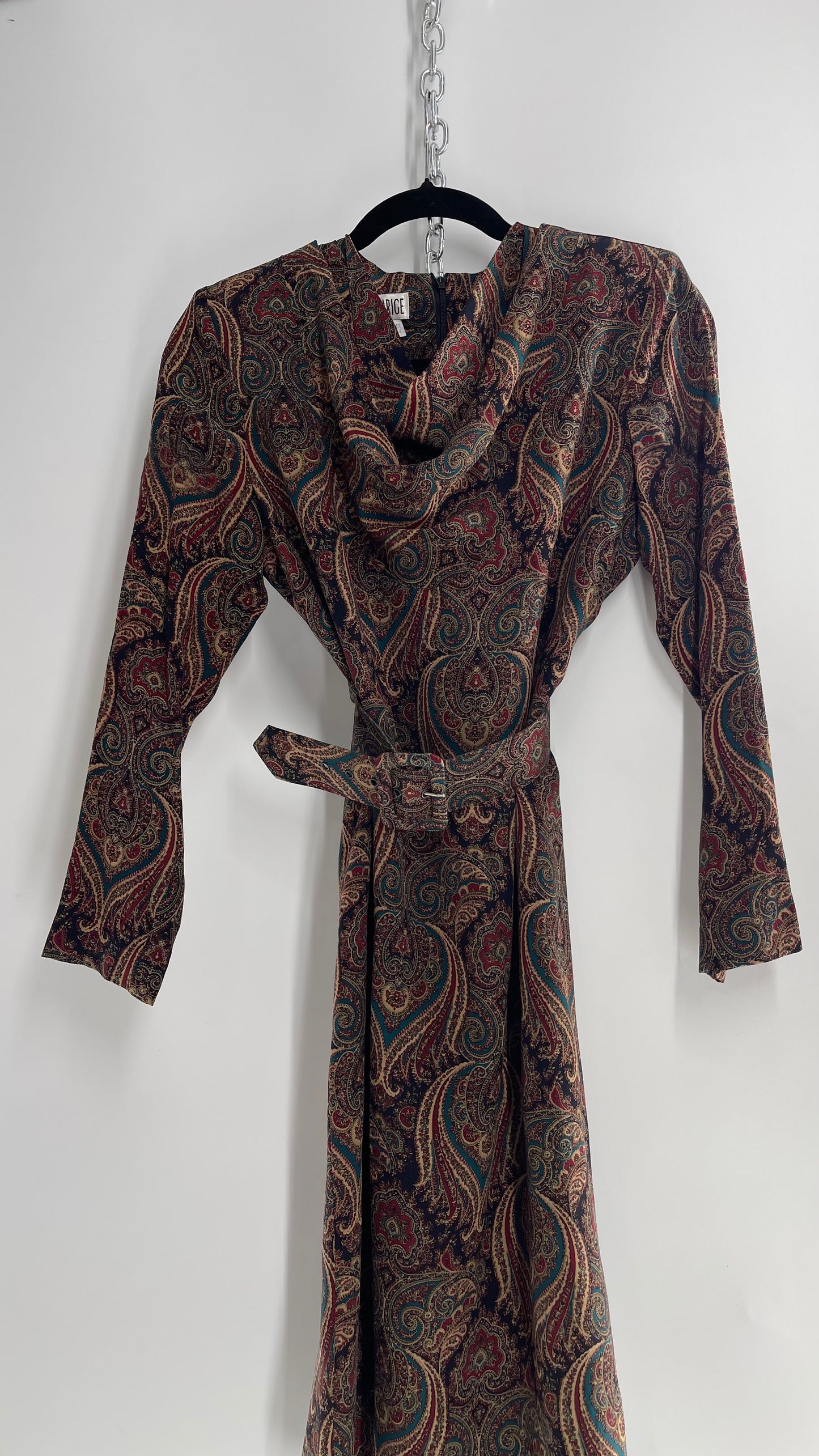 Vintage 100% Silk Paisley Belted Dress with Cowl Neckline (8)