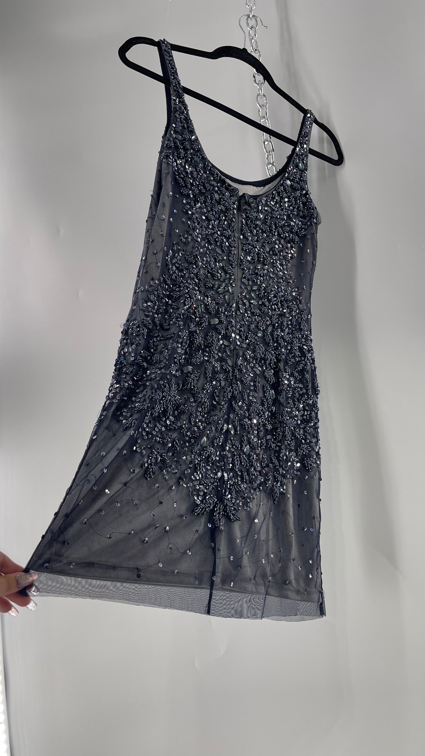 Vintage Cache Moonlight Grey/Navy Blue Tunic Mini Dress with Accentuating Placement of Beads, Sequins and Embroidery Details (2)