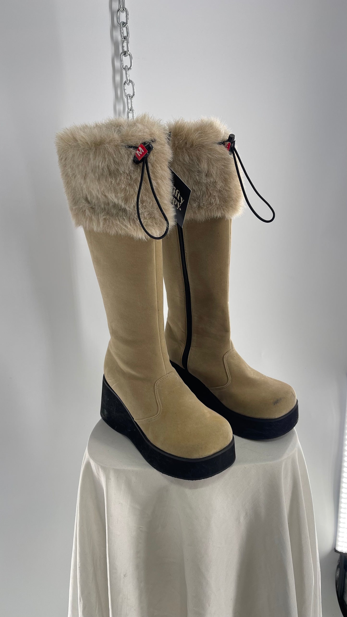 Vintage Faux Fur Trim Tan Platform Wedge Knee High Boots (6)
