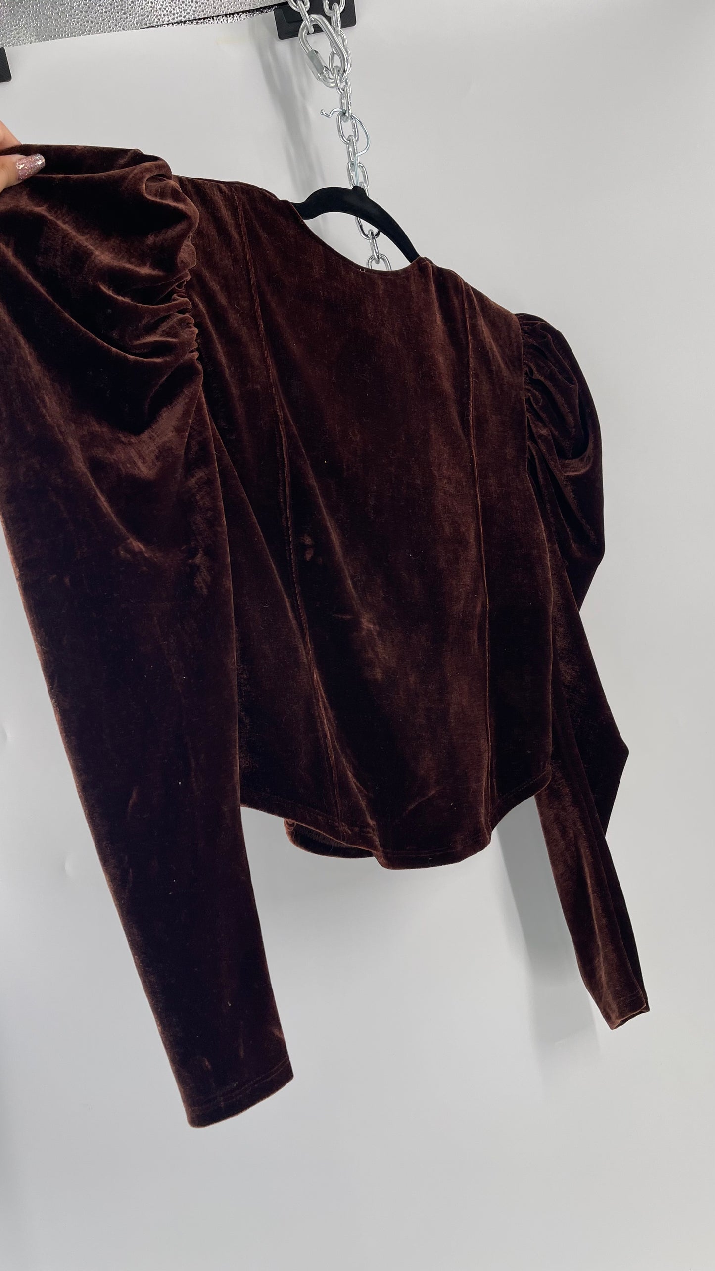 Free People Dark Brown Velvet Long Sleeve Cropped Blouse with Milkmaid Neckline and Renaissance Puff Shoulder (Large)