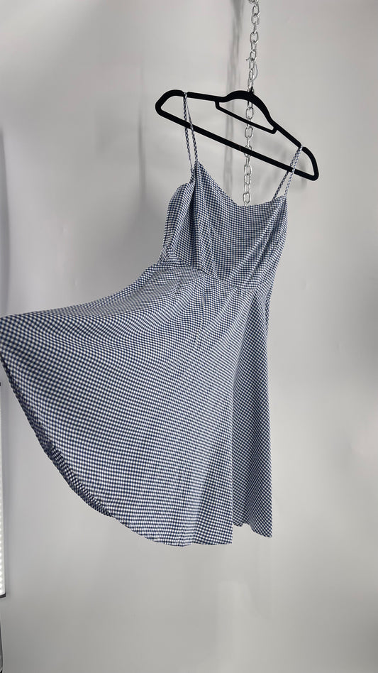 Vintage Style Gingham Blue and White 1950s Circle Skirt Picnic Dress (Medium)
