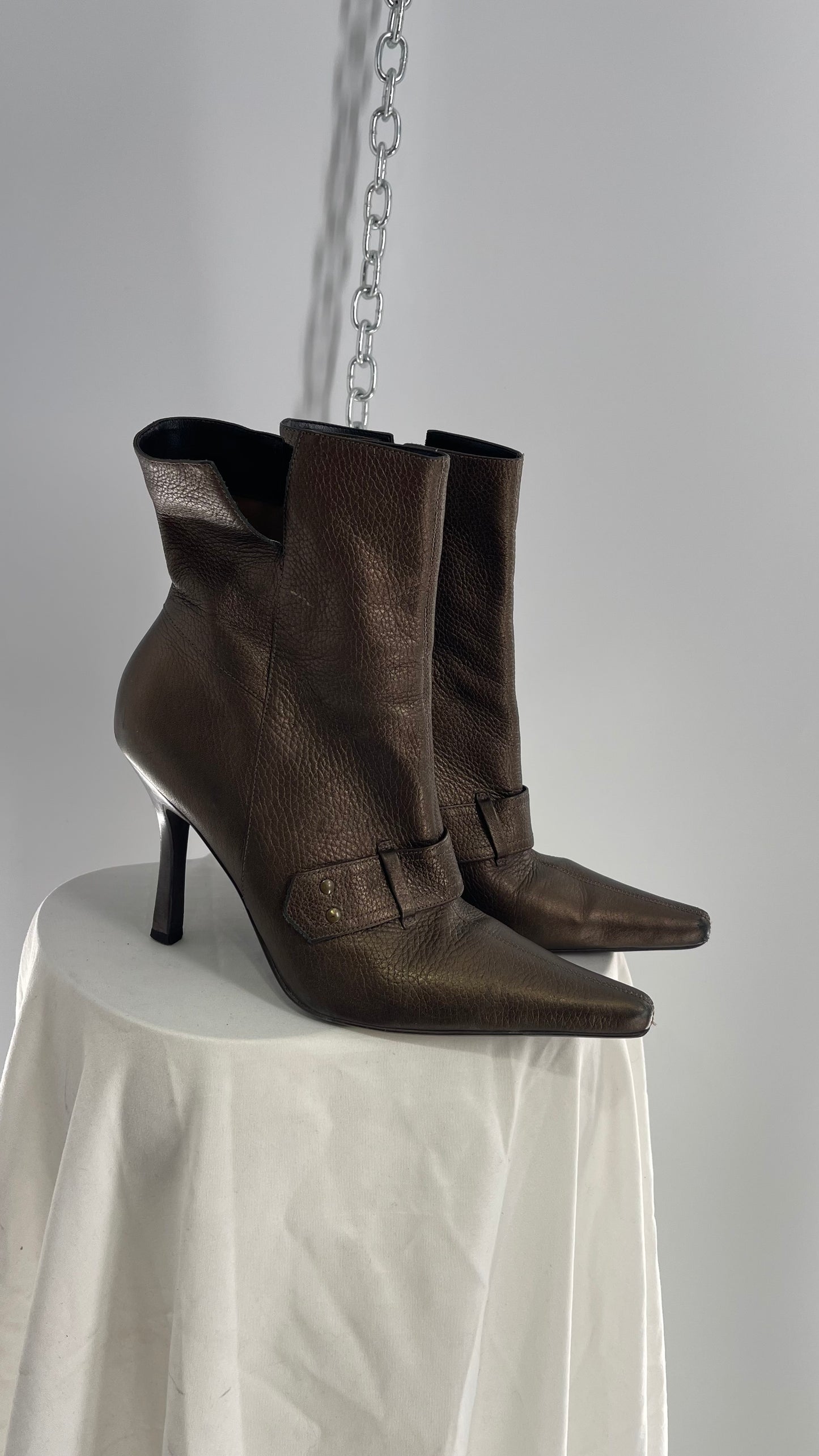 Vintage GIANNI Metallic Bronze Pointed Toe Buckle Strap Boots Made in Brazil (38)