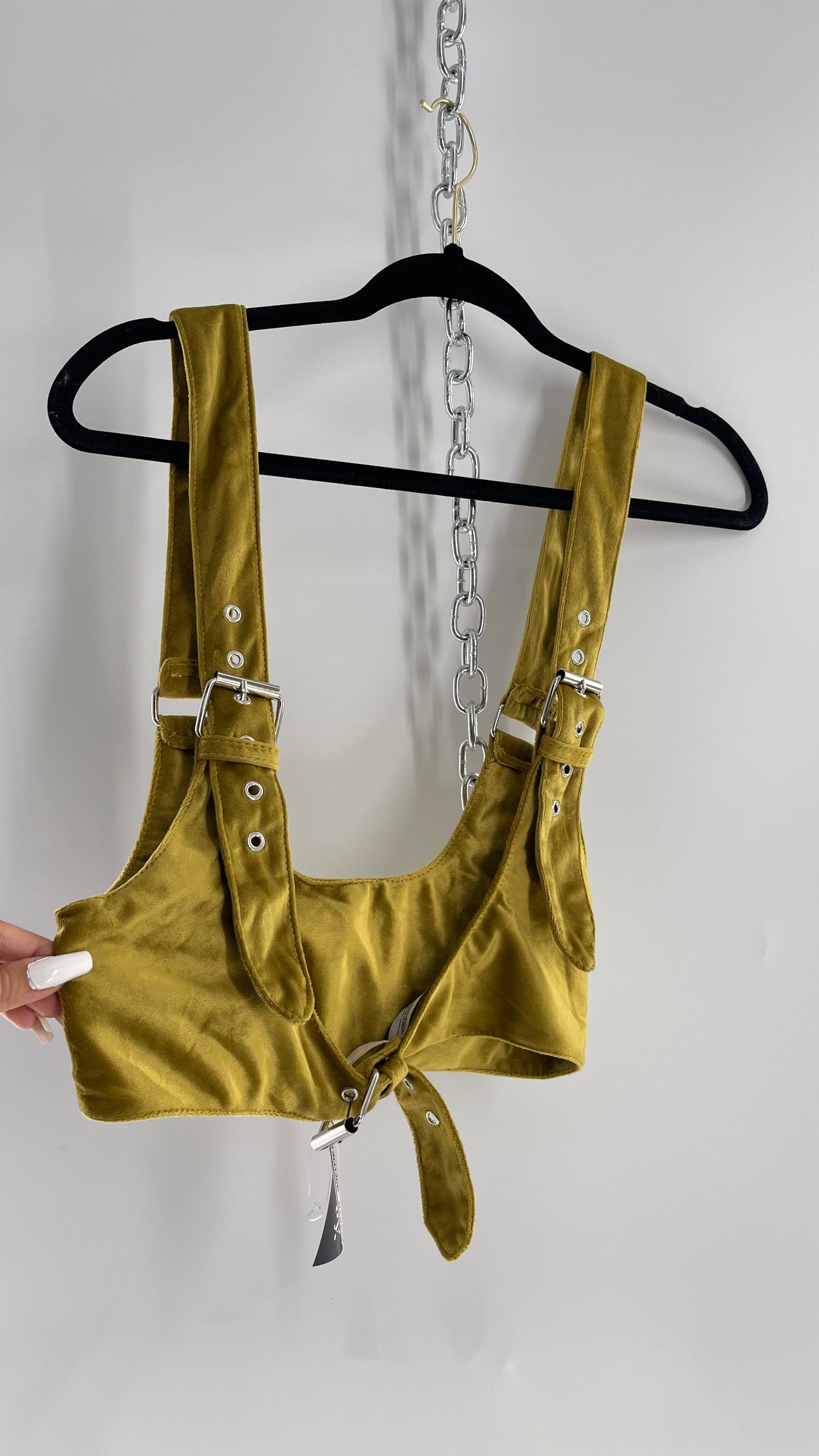 Urban Outfitters Greenish Gold Velour Body Harness with Embroidered Daisies and Butterflies (Large)