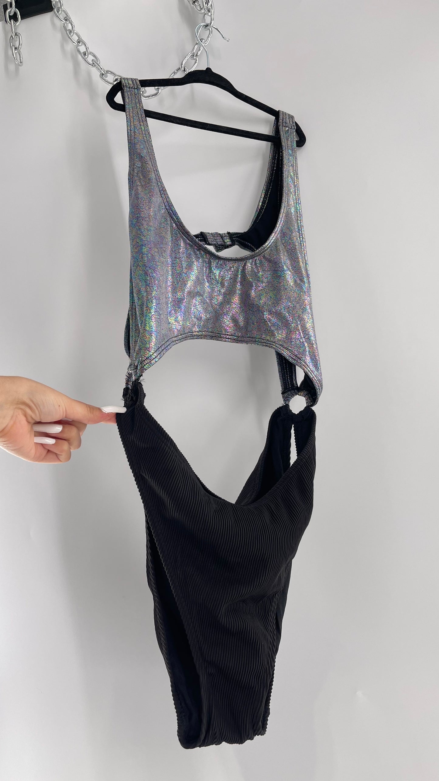 Urban Outfitters Out From Under Bathing Suit Metallic Gas Spill Top and Ribbed Black Bottom Connected by Rings (Large)