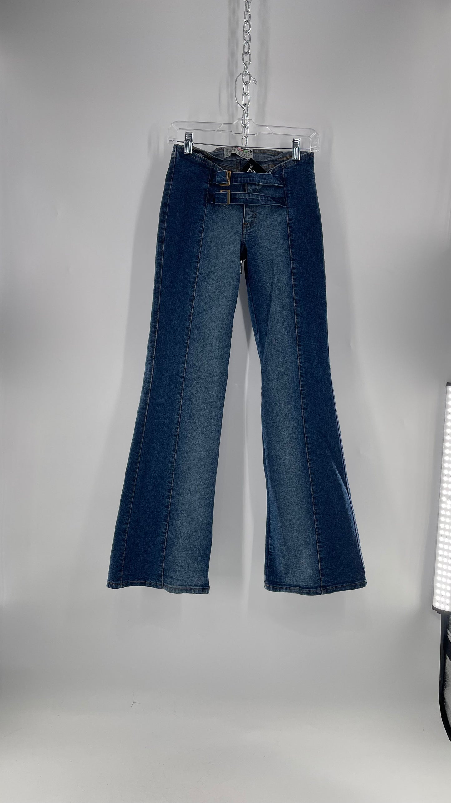 Vintage NewMax Two Toned Paneled Brazilian Jeans with Buckle Jean Strap Closure and Flared Hem (8)