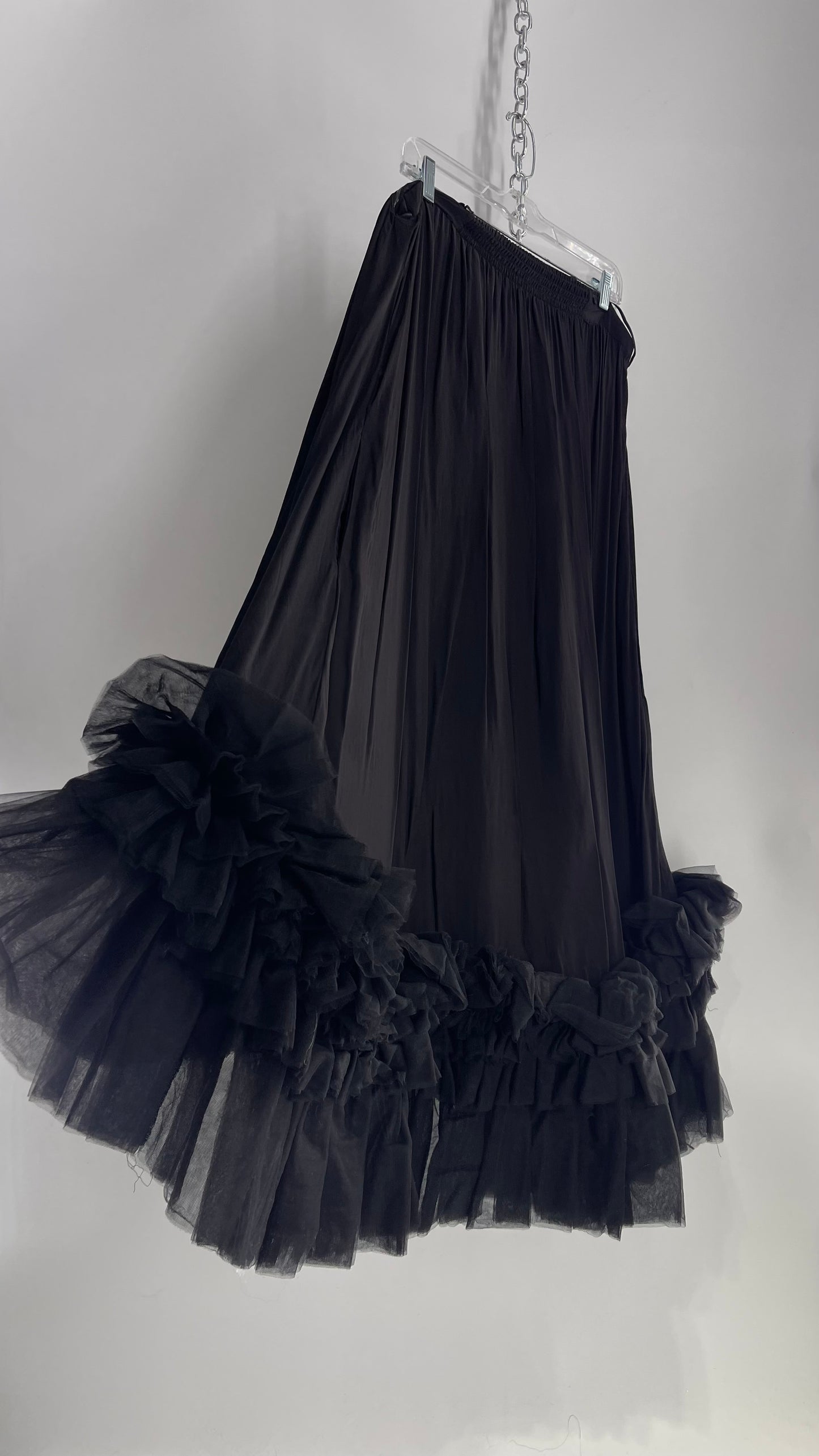 Anthropologie Black Voluminous Full Gown with Pleated Tulle Hemline Detail (M/L)
