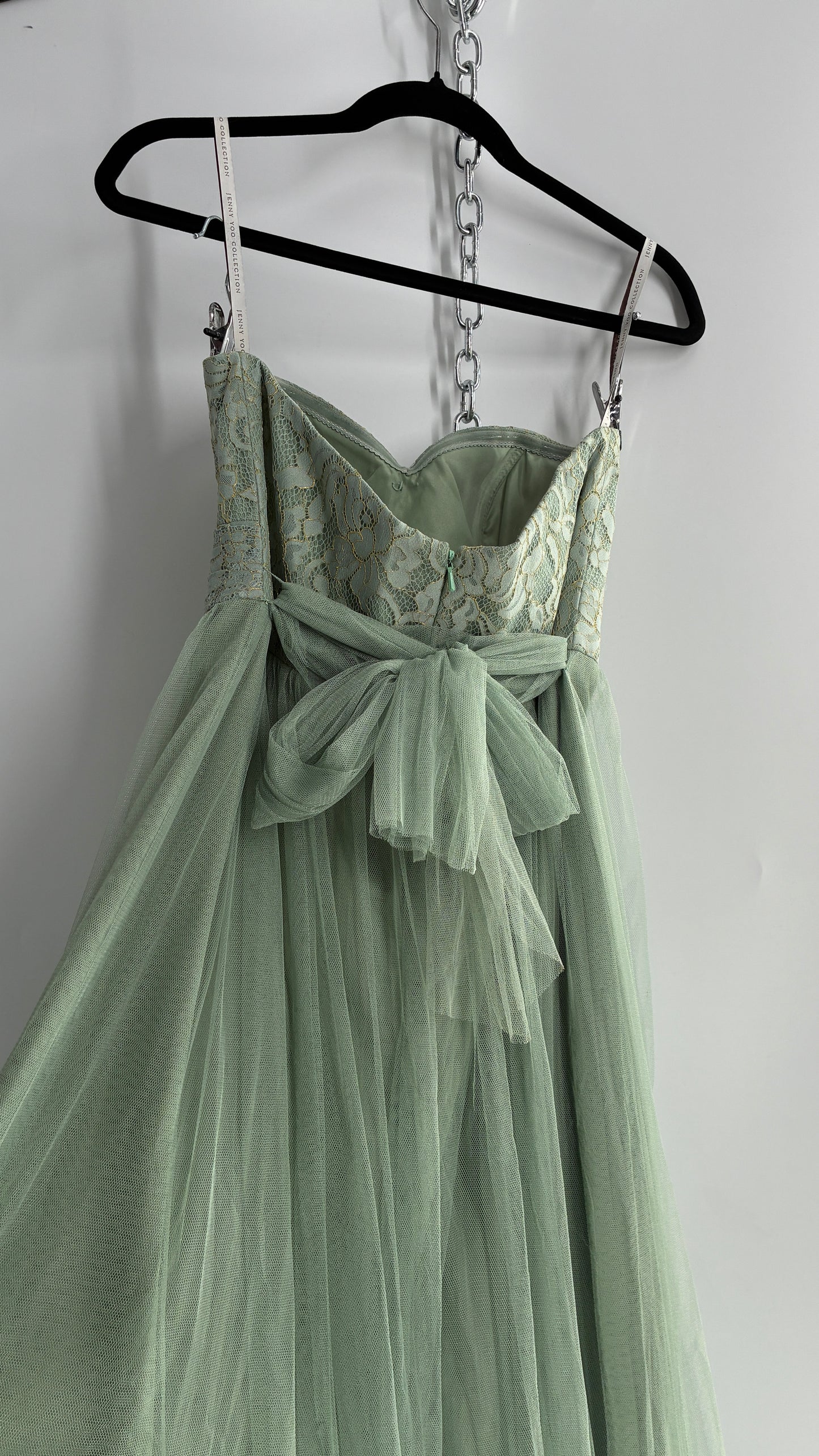 Jenny Yoo Seafoam Green Tulle Full Length Dress with Lace Corset Bodice (8)