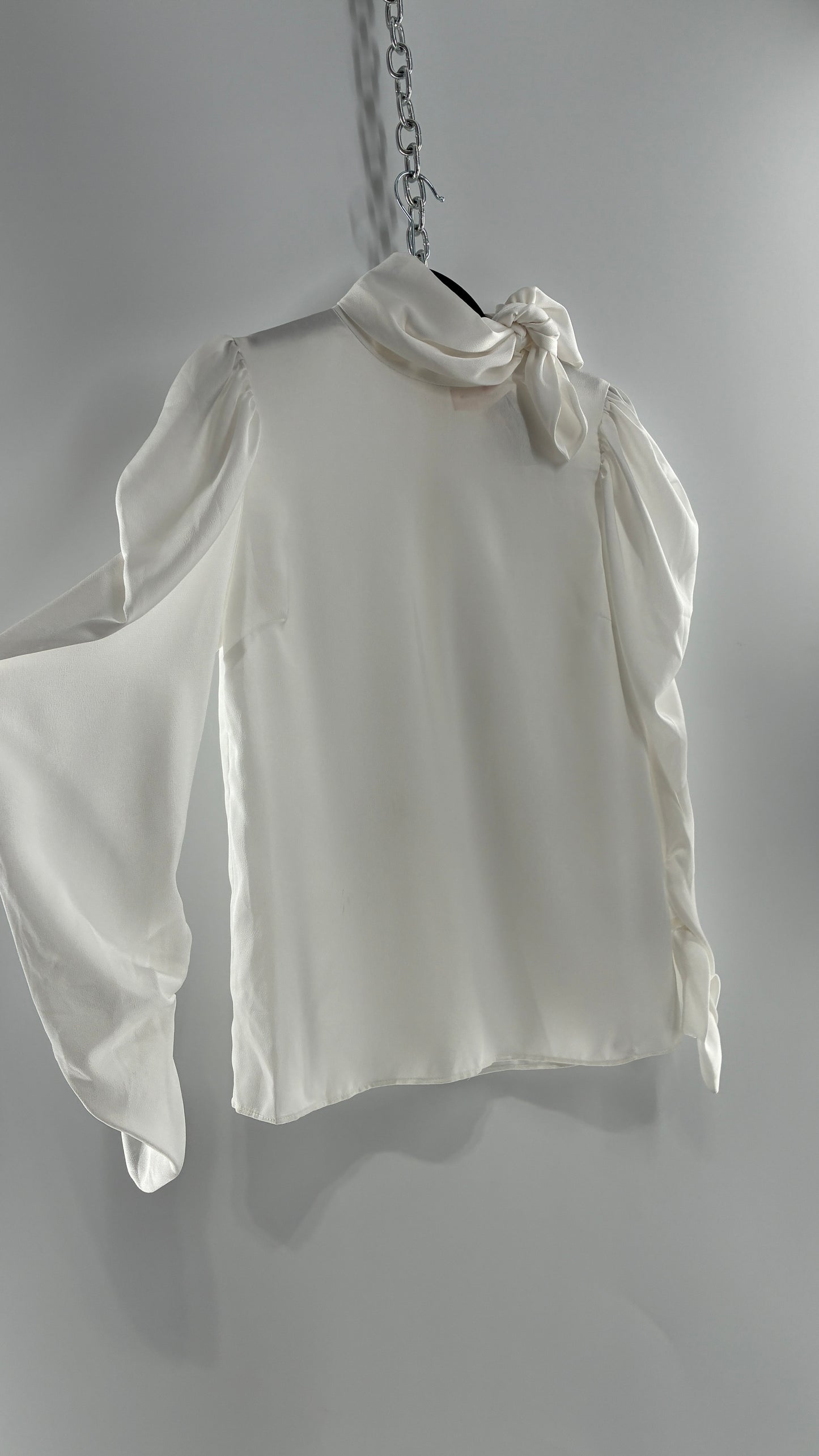 KEEPSAKE Anthropologie White Puff, Balloon Sleeve Blouse with Neck Tie Detail (XS)
