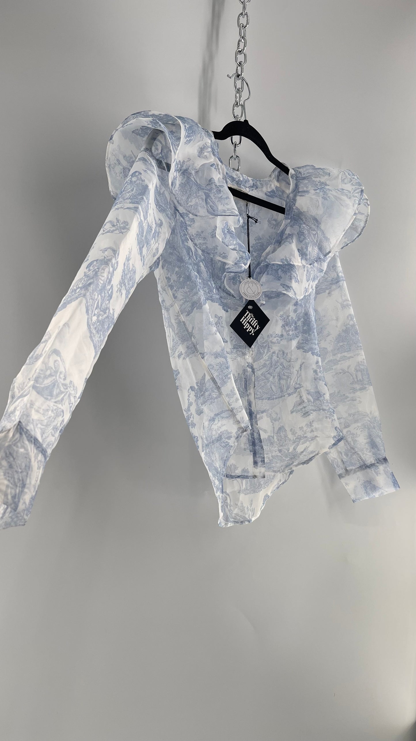 Laura Ashley Urban Outfitters Voile Sheer Ruffled Shoulder Button Up with Blue Vintage Print (XS)