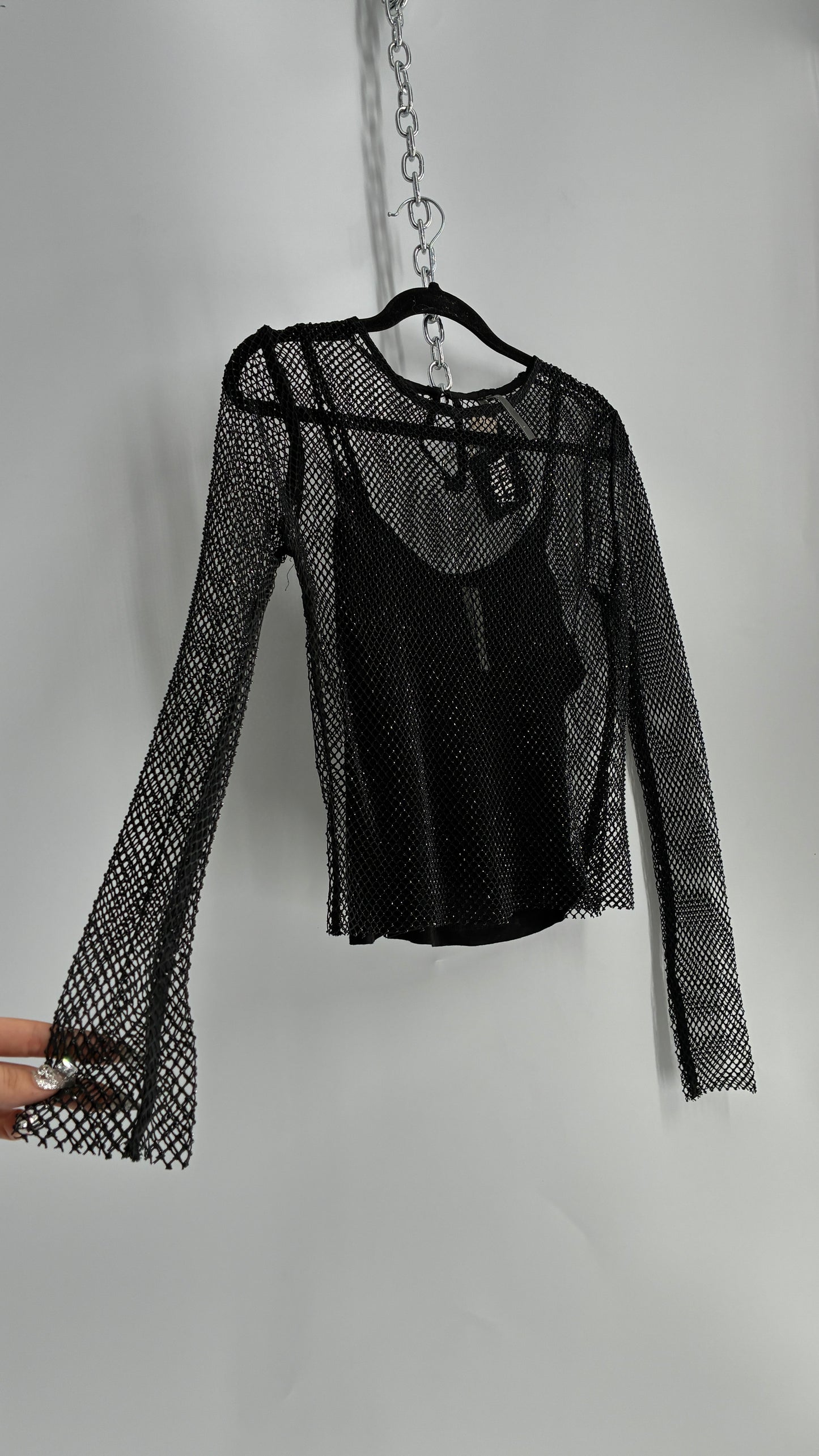 Anthropologie Black Rhinestone Heavy Mesh Long Sleeve with Camisole (Small)