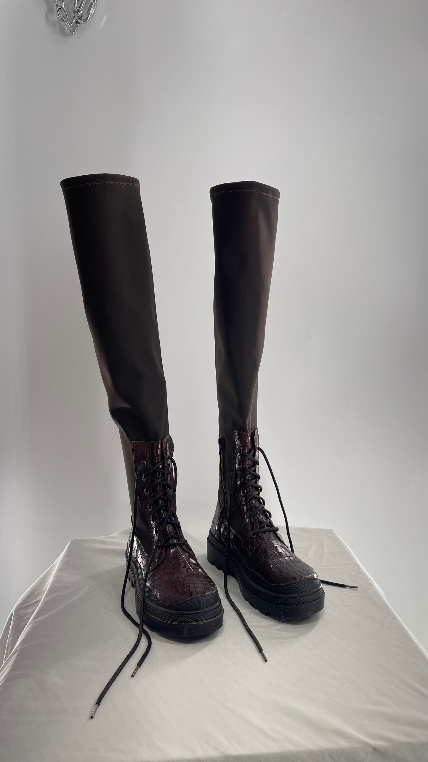 Free People Dark Brown Riding Style Embossed Knee High Platform Boots (39)