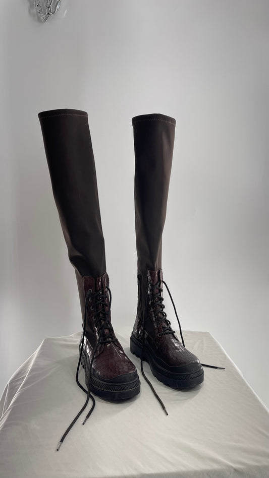 Free People Dark Brown Riding Style Embossed Knee High Platform Boots (39)