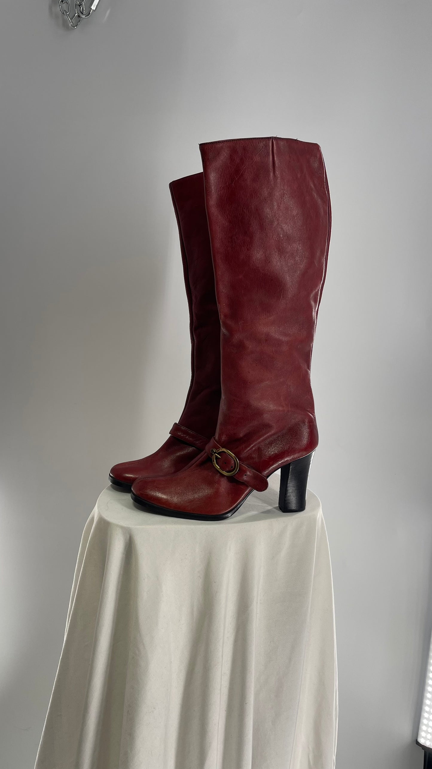 Vintage Etienne Aigner Red Italian Leather Boots with Buckle Strap (8.5)