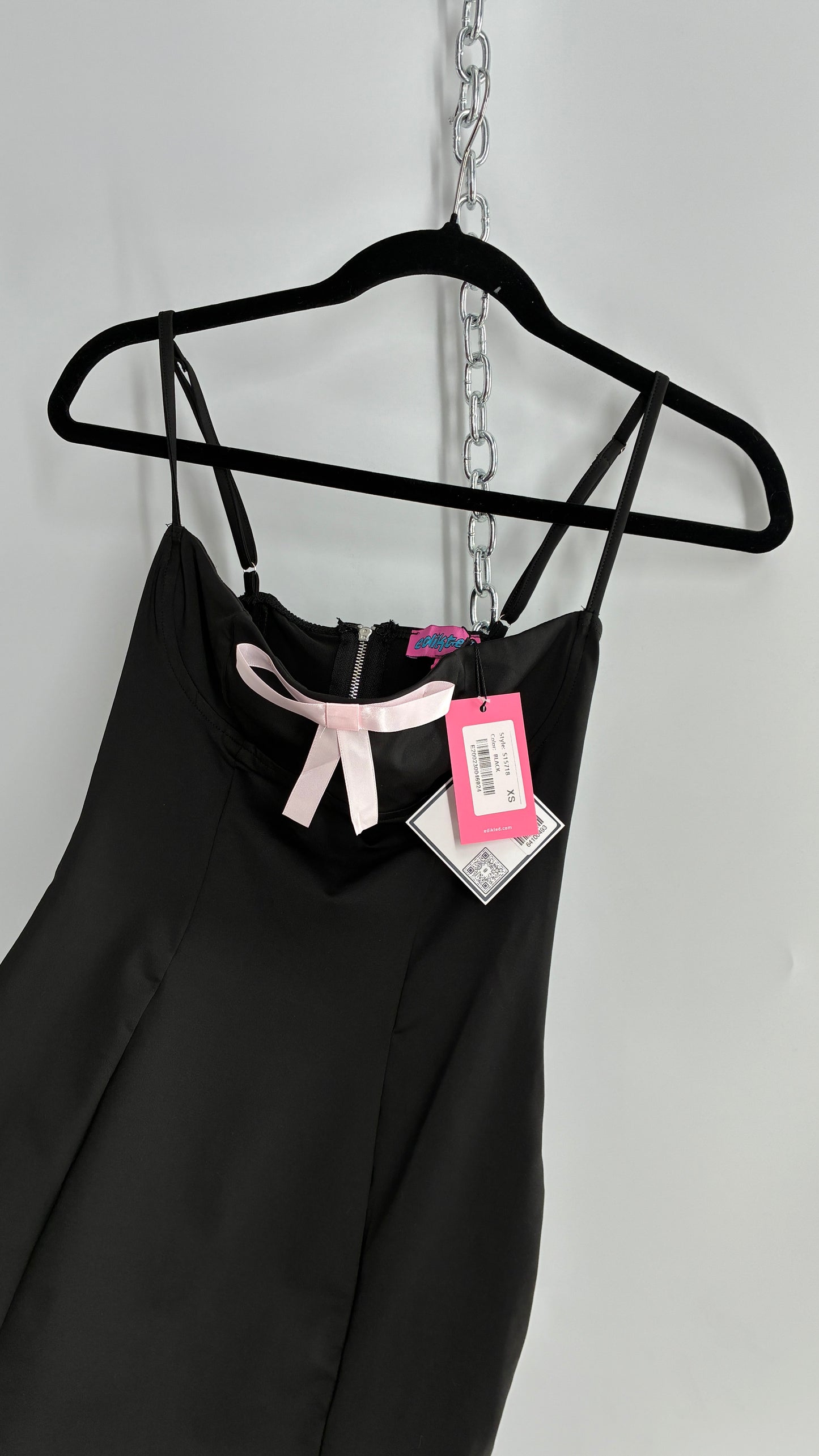 Edikted Black Satin Underbust Panel Mini Dress with Baby Pink Bow and Tags Attached (XS)
