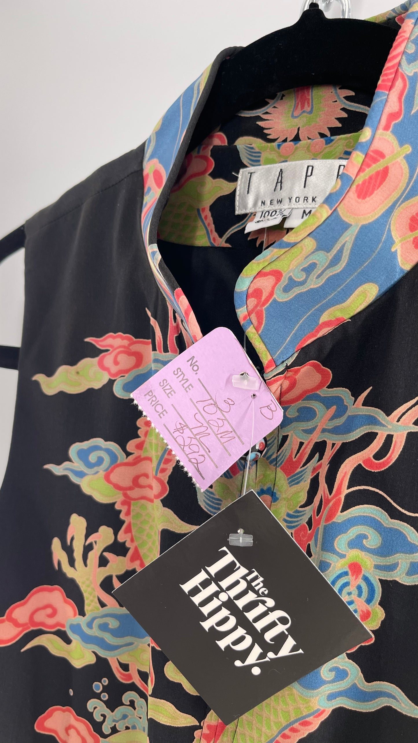 Vintage 1990s TAPP NEW YORK 100% Dragon Graphic Zip Front Crop Sleeveless Vest Top Silk (Medium)