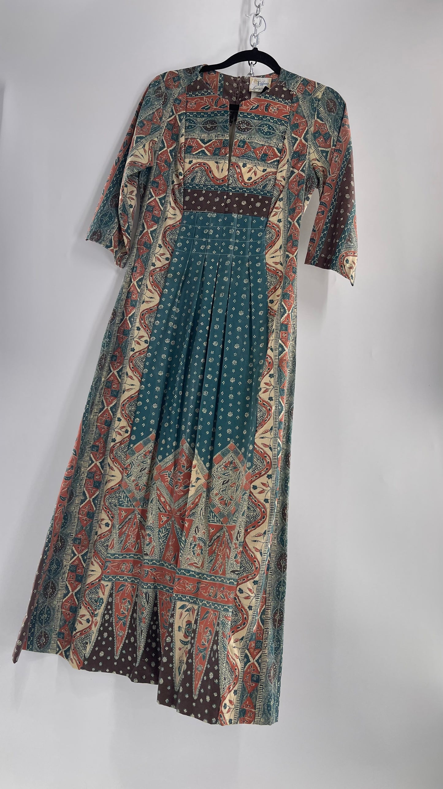 Vintage 1970s Tiffany Loungewear Full Length Brown/Blue Dress (11/12)