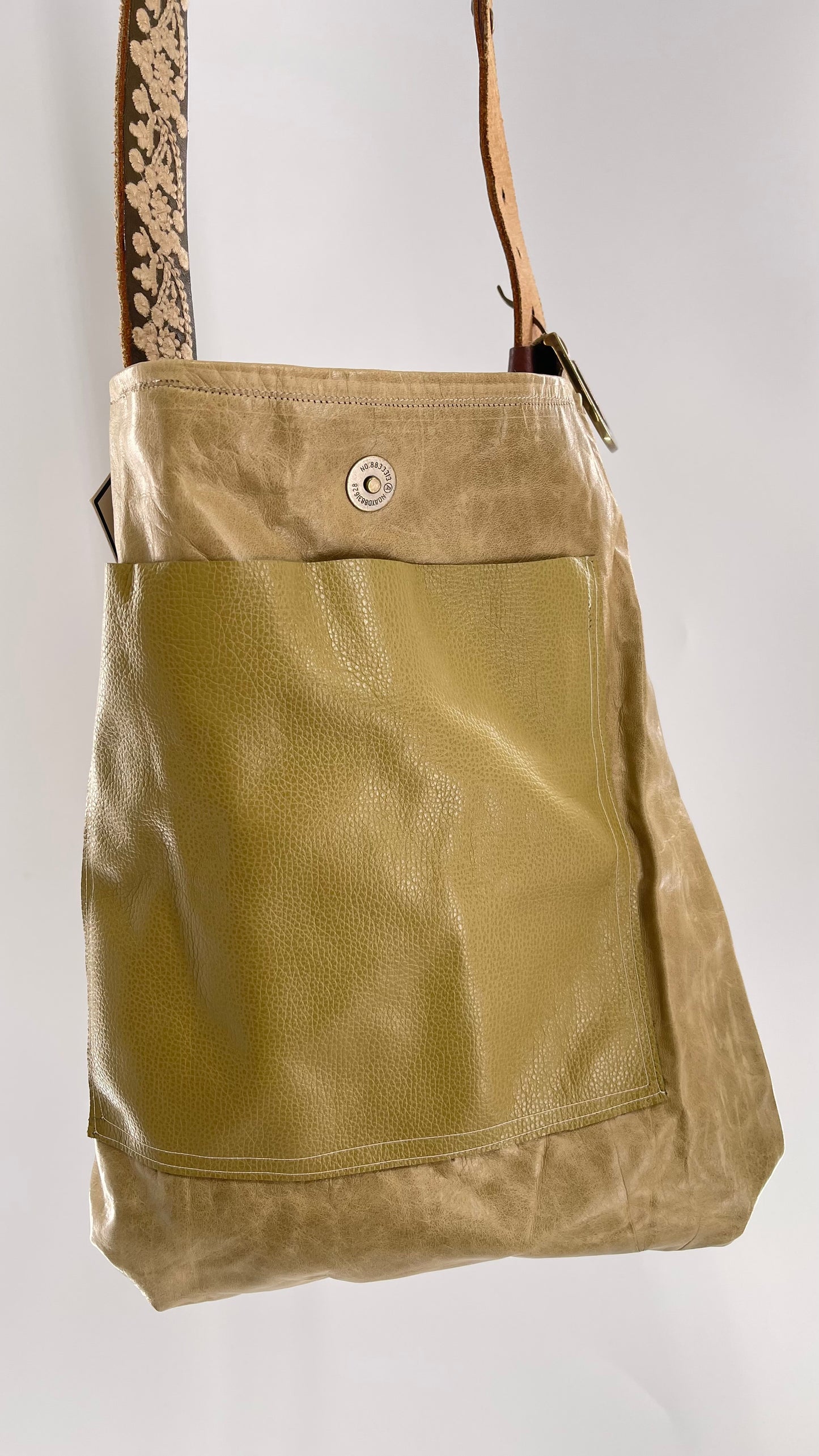 Tote with Embroidered Gold Exterior, Embroidered Leather Strap and Leather Interior - Shown Reversed