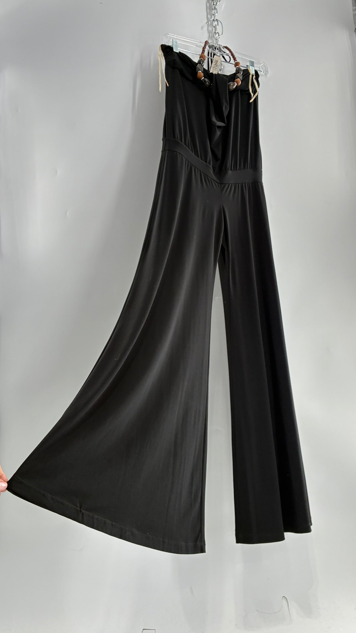Vintage L8ter 1990s Black Drop Waist Wide Leg Jumpsuit with Beaded Choker Halter (Small)