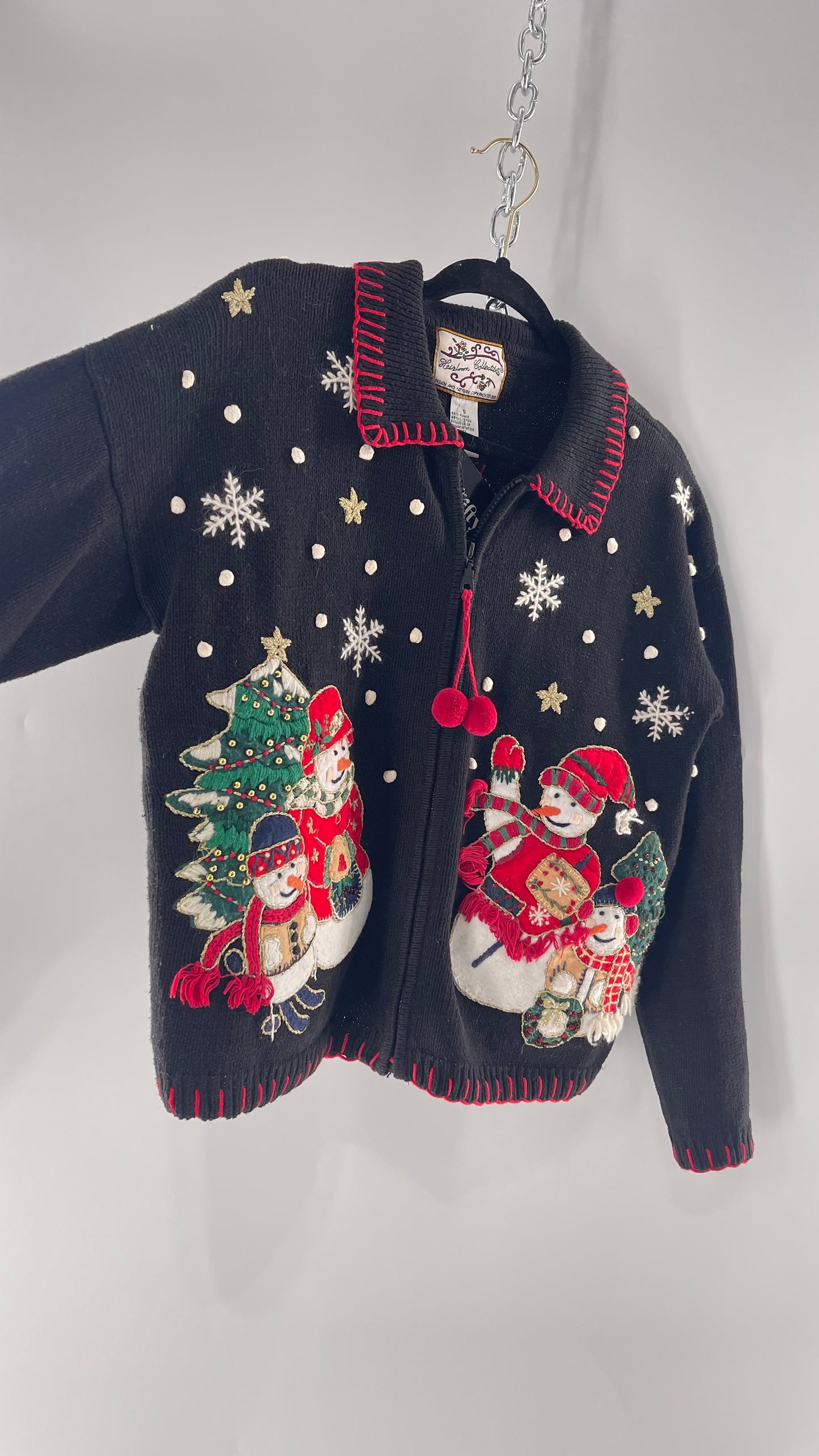 Vintage Reworked Urban Outfitters Heirloom Christmas Cardigan with Festive Snowmen Embroidery, Snowflakes, Christmas Tree and PomPom Zipper Detail (S)