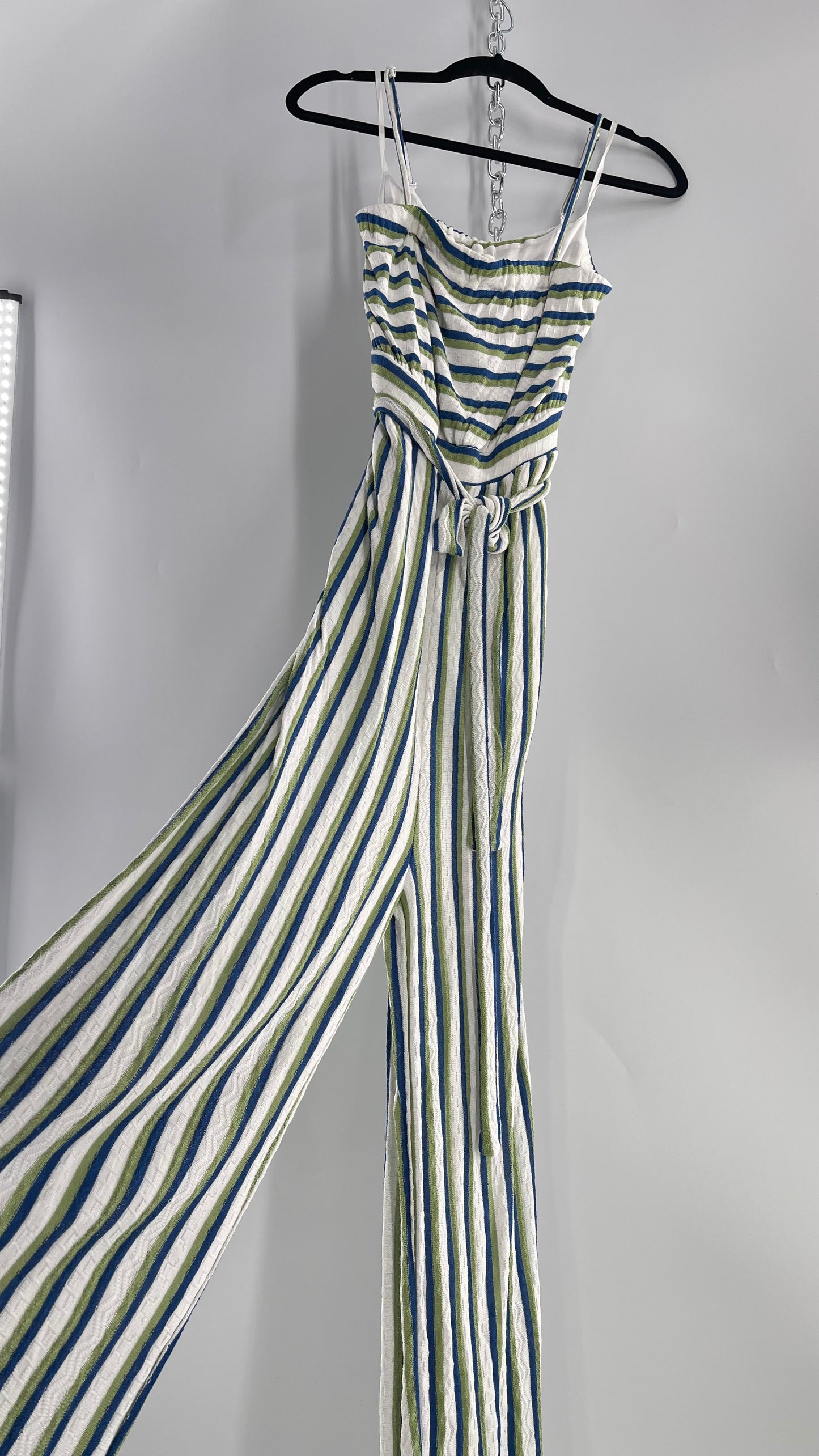Maeve Anthropologie Woven Green/Blue/White Wide Leg Jumpsuit (Small)