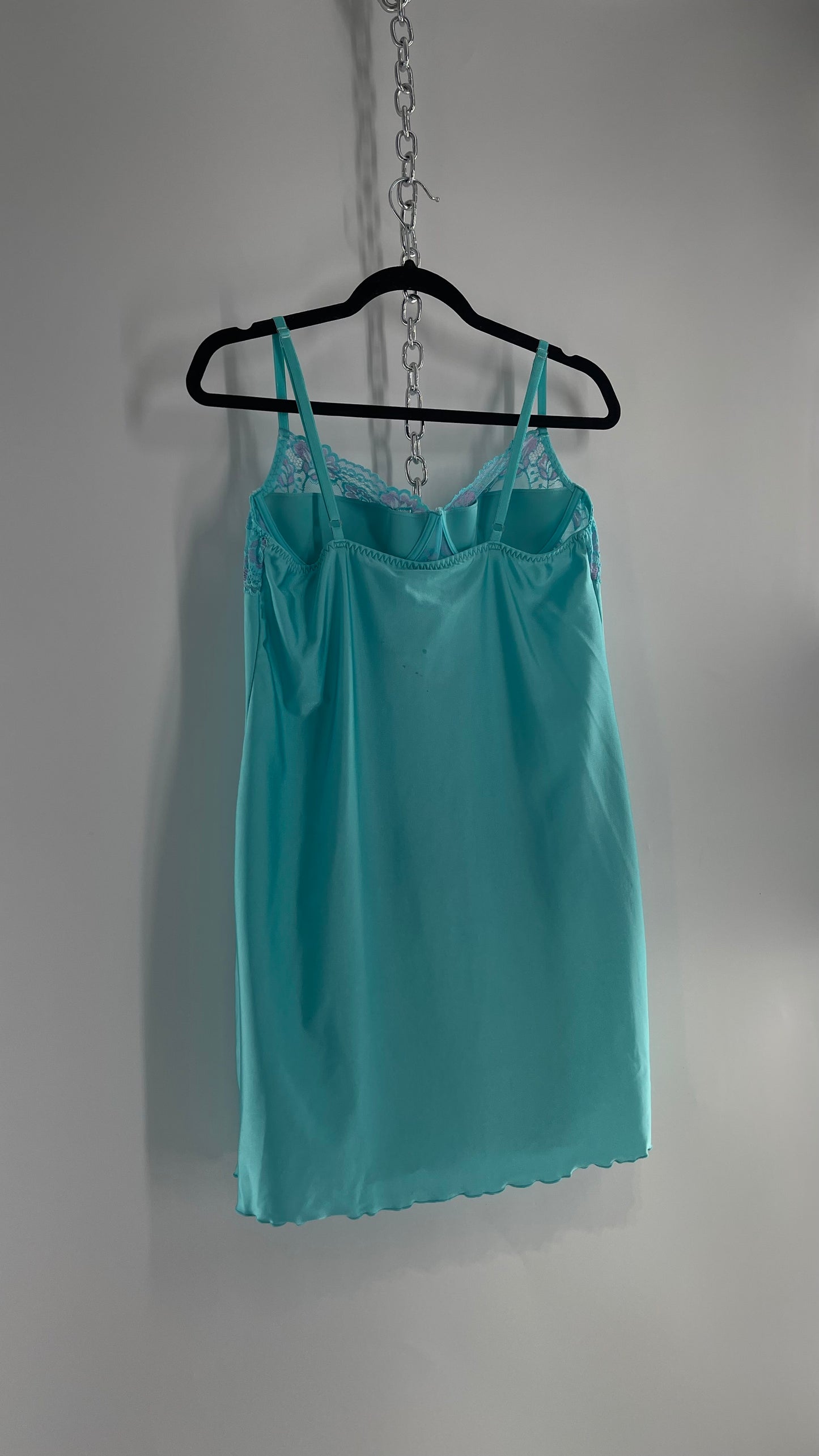 Vintage Baby Blue Balconette Mini Dress with Lace Cups and Purple Details (Large)