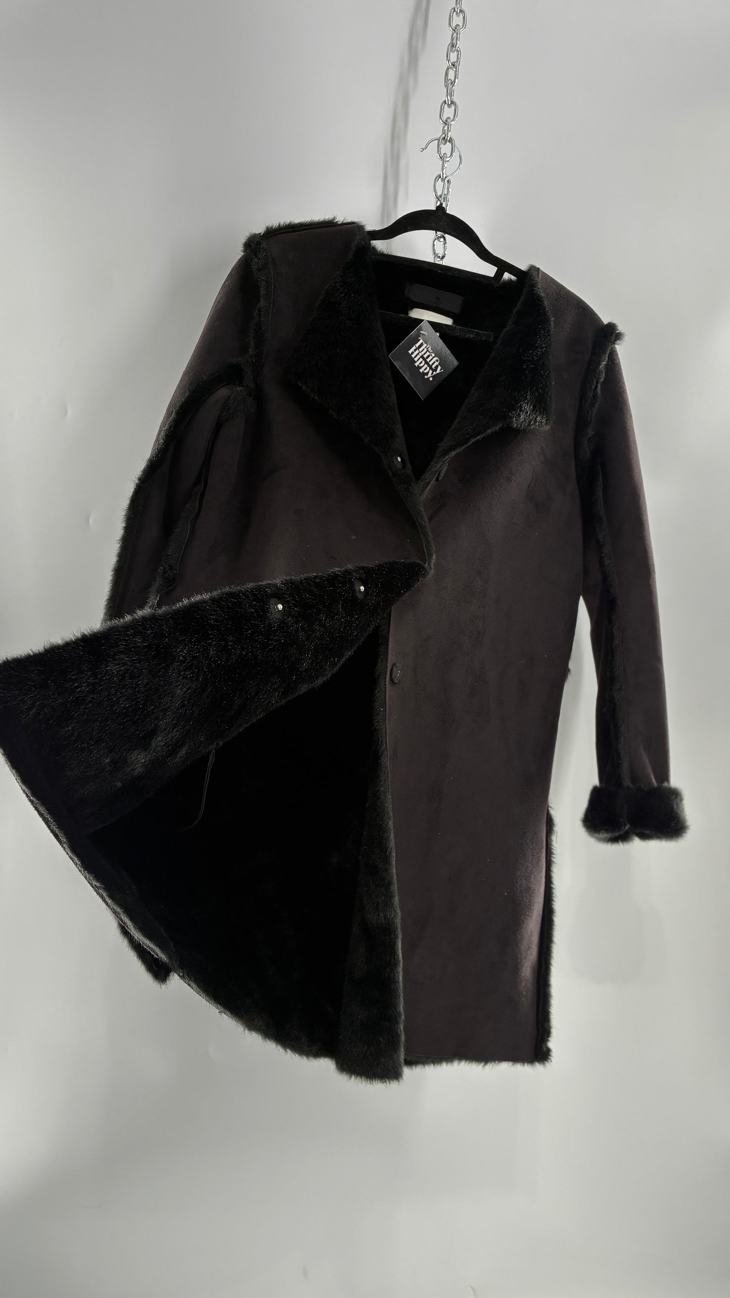 Vintage H&M Black Faux Suede Coat with Faux Fur Piping (12)