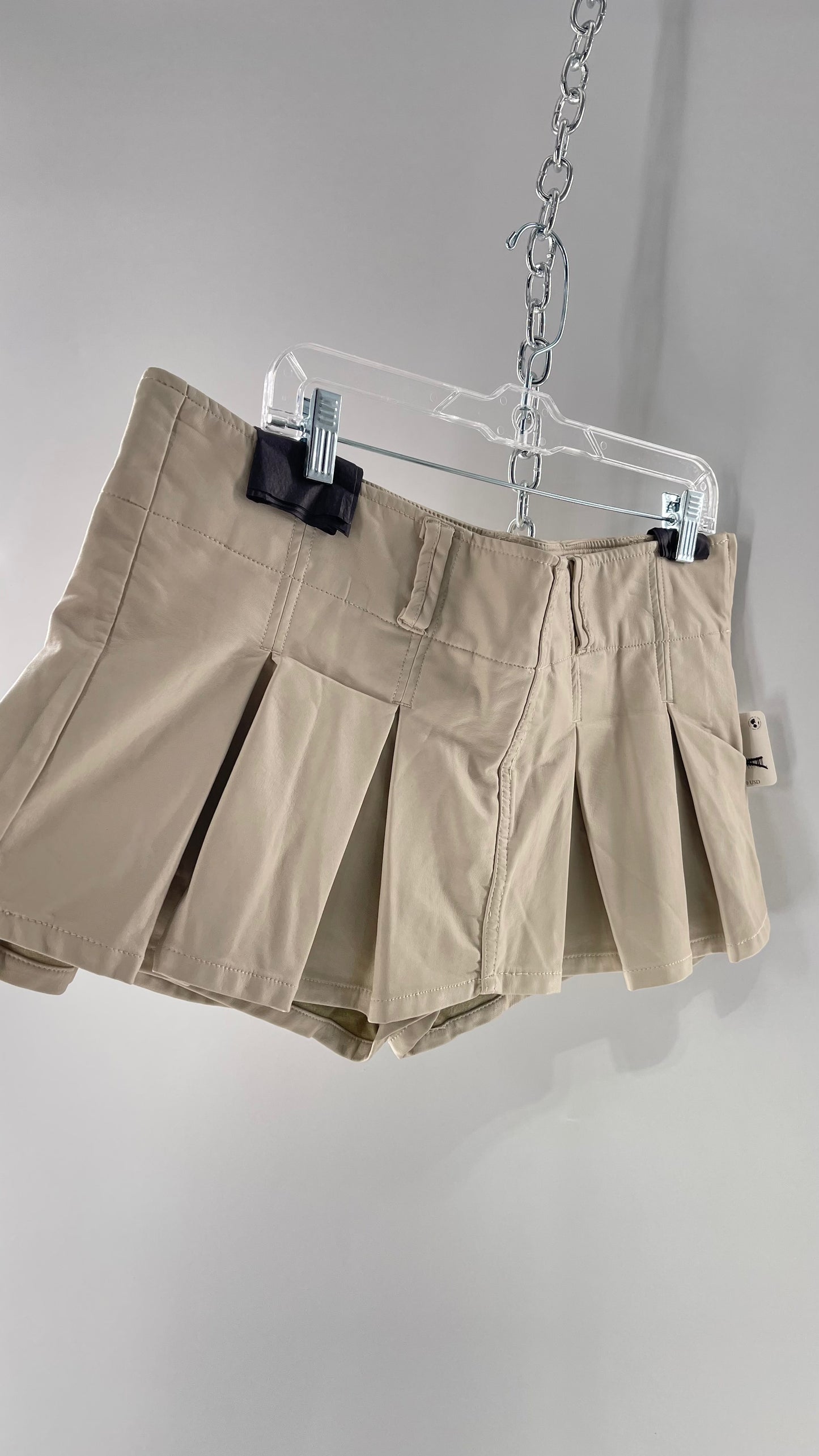 Free People Off White Pleated Vegan Leather Ultra Micro Mini Skirt with Hidden Built in Shorts (12)