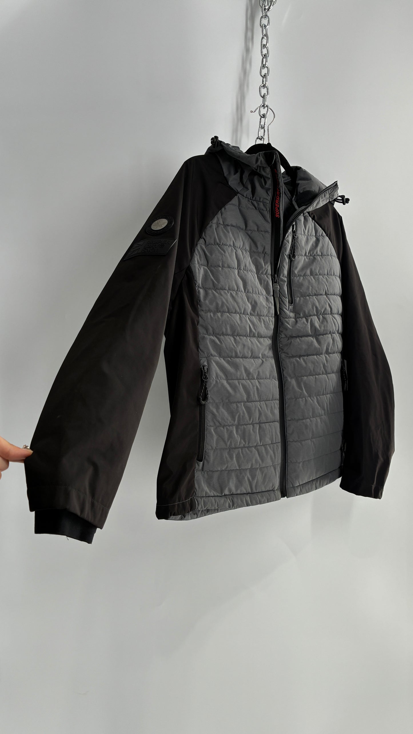 Super Dry Black and Grey Puffer Winter Jacket (Large)